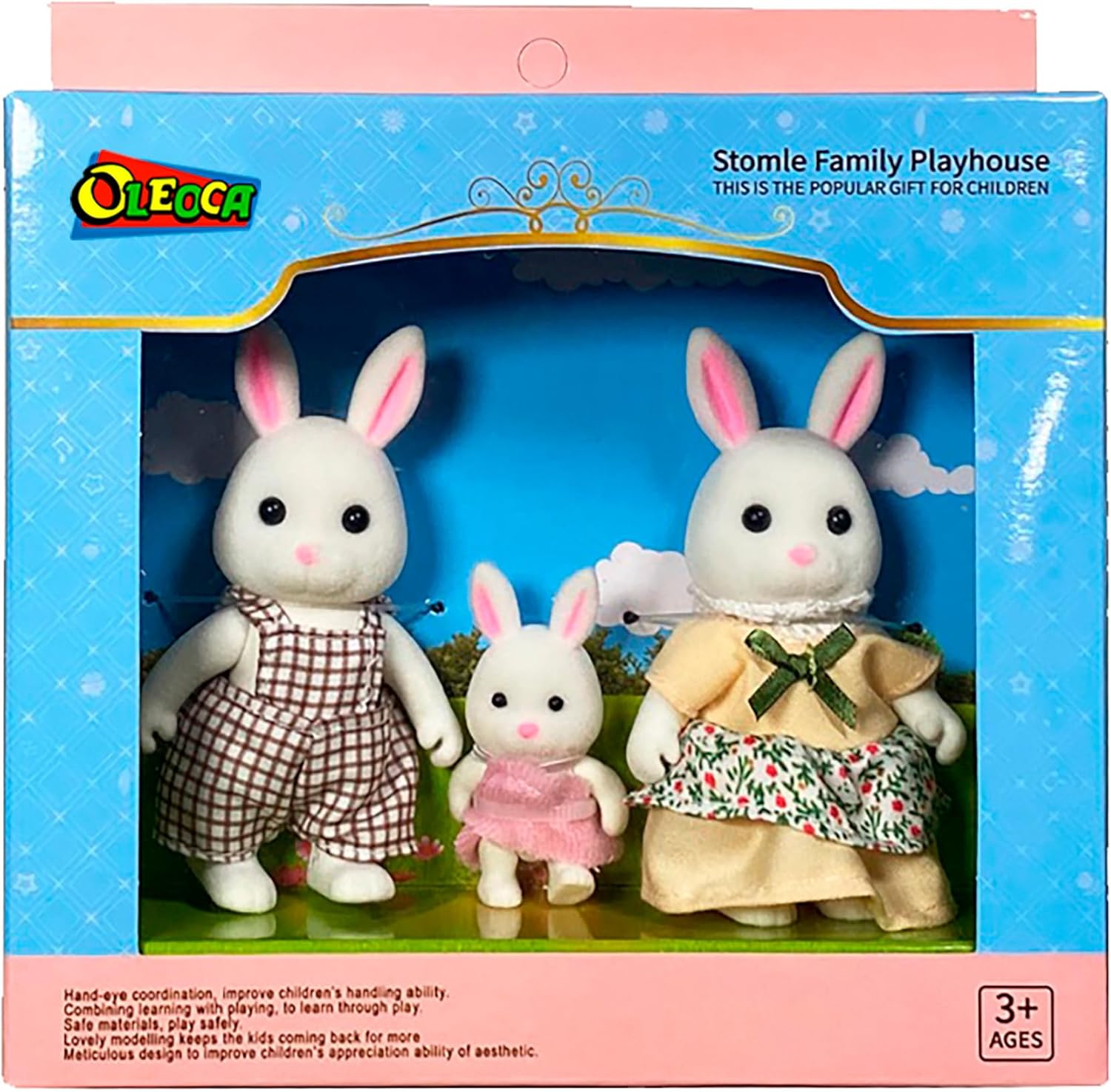Family White Rabbit Figures — Set of 3 Collectible Flocked Mini Dolls with Removable Clothes, Miniature Dollhouse Pretend Play Figures for Kids Ages 3+ OleocaToys