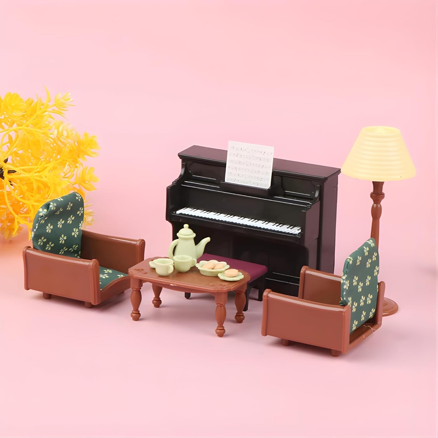 Family Dollhouse Living Room Set — Piano with Bench & Sheet Music, Two Armchairs, Coffee Table, Floor Lamp & Tea Set — Dollhouse Furniture & Accessories for Ages 3+ OleocaToys