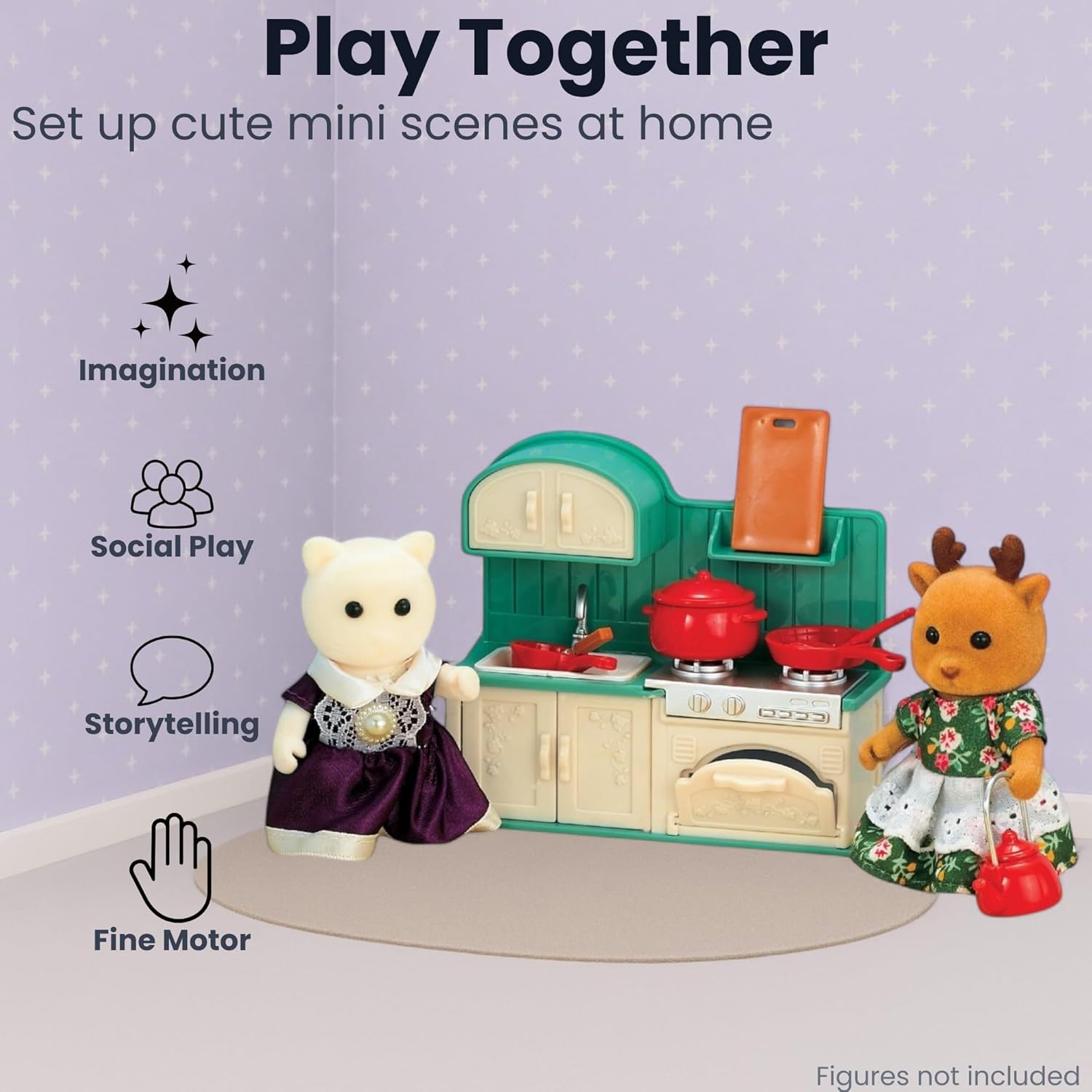 Family Dollhouse Kitchen Set — Miniature Stove, Sink & Oven with Frying Pan, Saucepan, Kettle, Utensils & Cutting Board — Dollhouse Furniture & Accessories for Ages 3+ OleocaToys