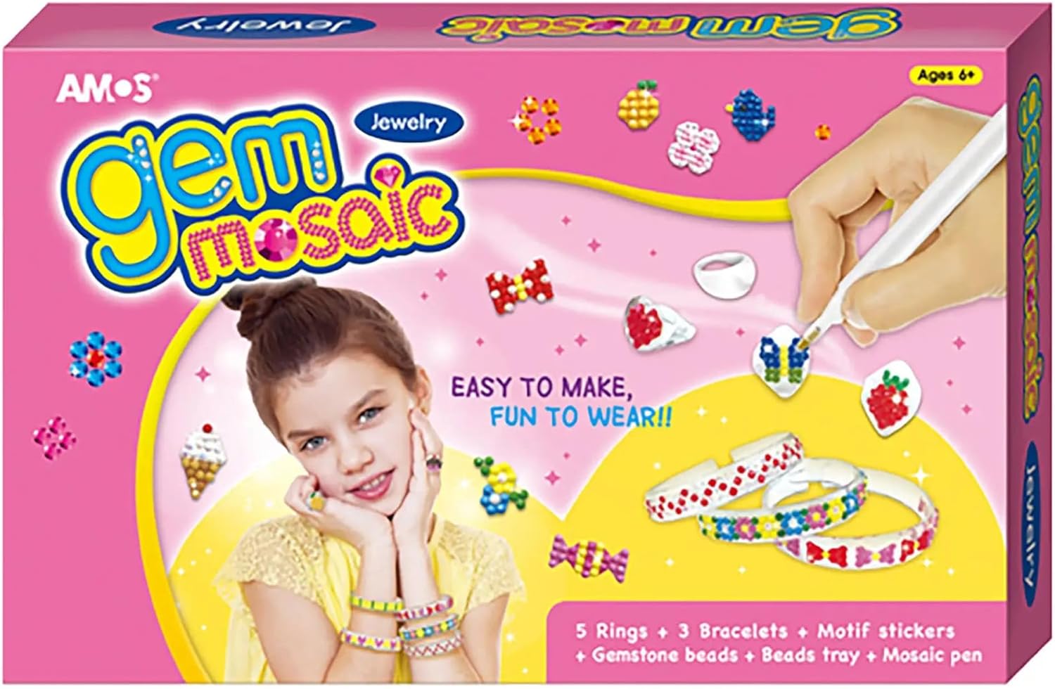 AMOS Gem Mosaic Jewelry Making Kit — 5 Rings & 3 Bracelets, Sticker Sheets, Gemstone Beads, Mosaic Pen & Tray — Diamond Art for Kids OleocaToys
