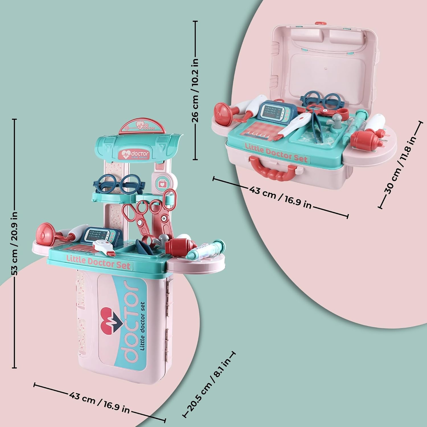 Kids Doctor Set — 3 in 1 Portable Suitcase & Medical Table Playset, Pretend Play Kit with Doctor Tools, Storage & Travel Gift for Toddlers Ages 3+ OleocaToys