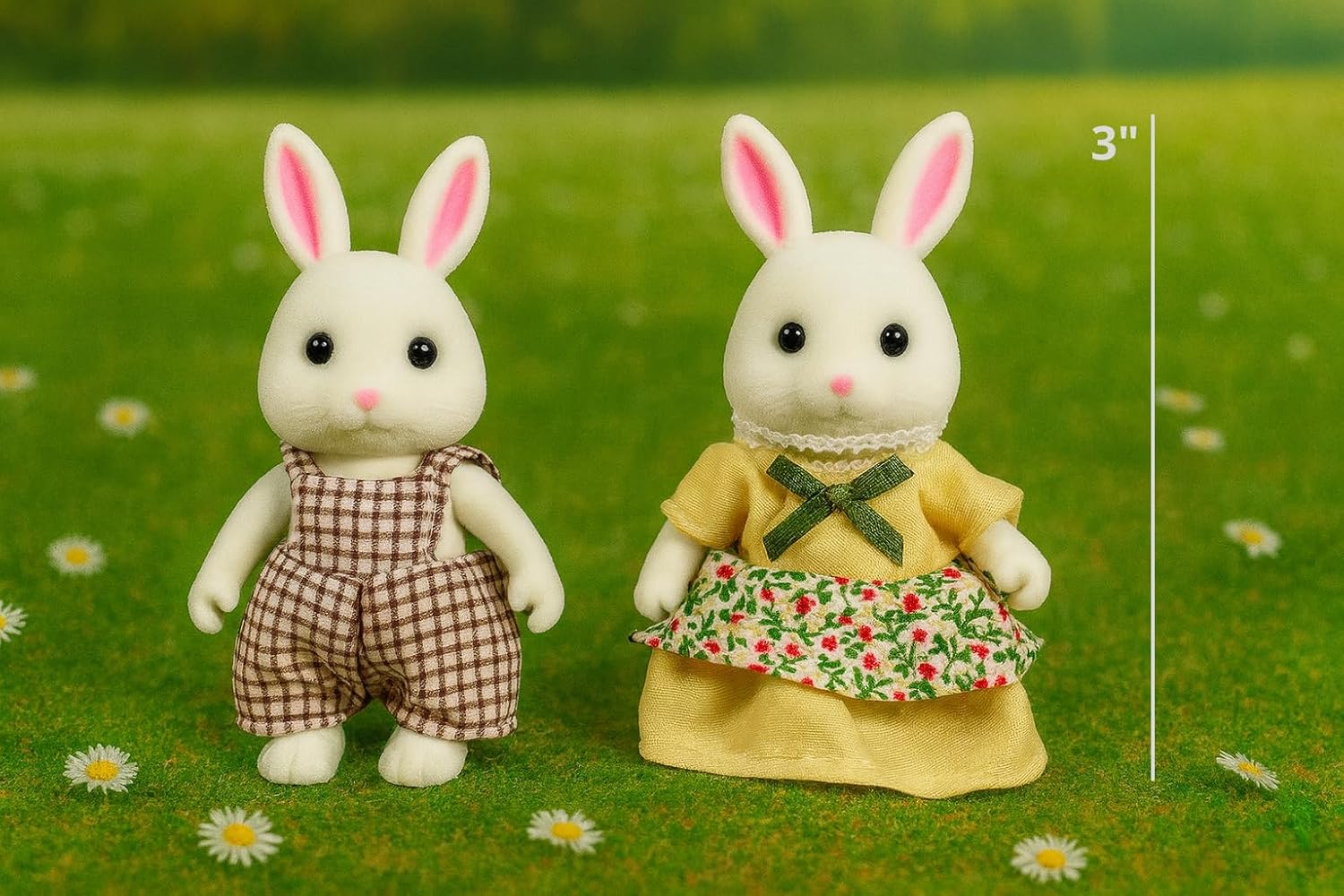 Family White Rabbit Figures — Set of 2 Collectible Flocked Mini Dolls with Removable Clothes, Miniature Dollhouse Pretend Play Figures for Kids Ages 3+ OleocaToys