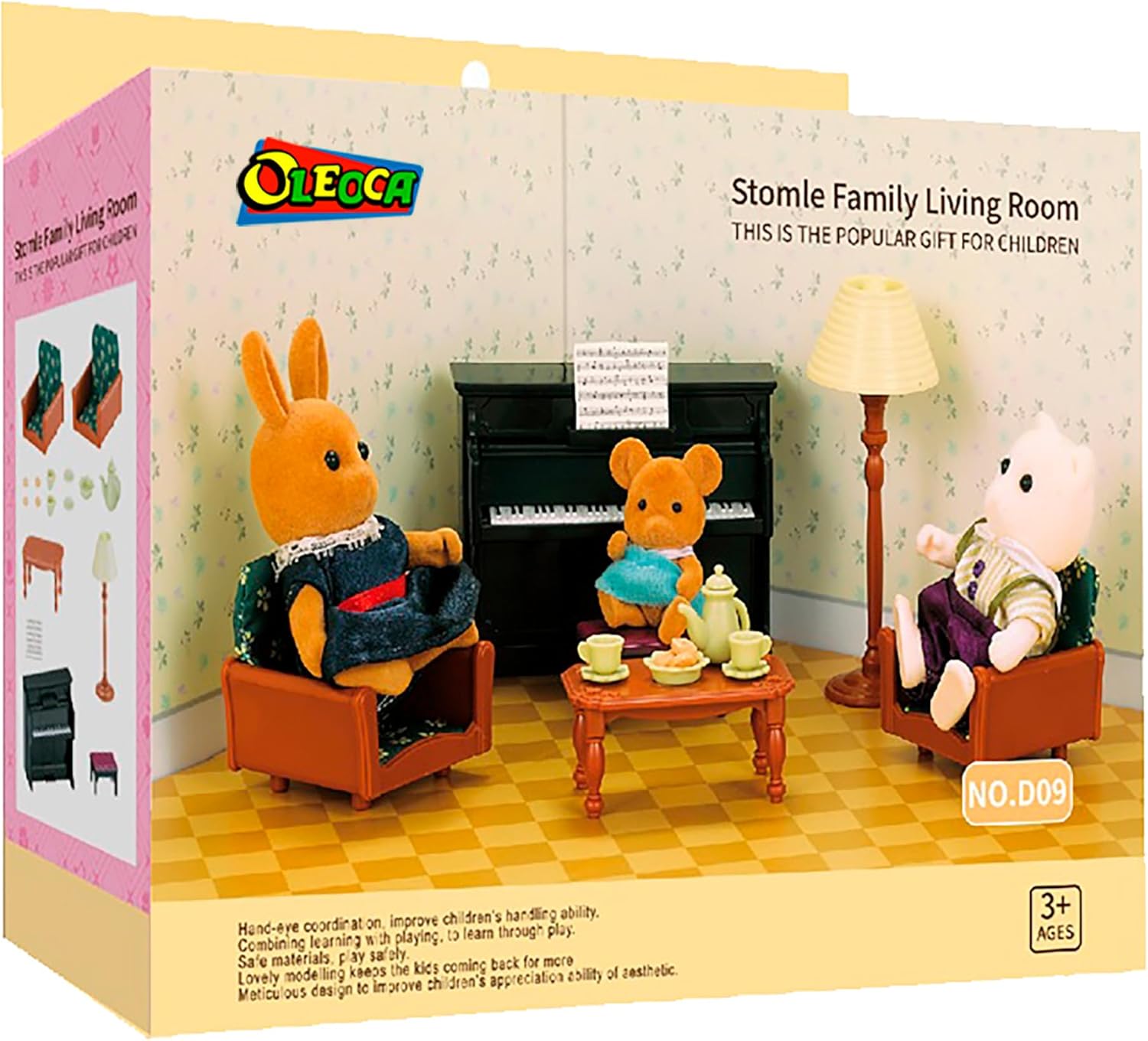 Family Dollhouse Living Room Set — Piano with Bench & Sheet Music, Two Armchairs, Coffee Table, Floor Lamp & Tea Set — Dollhouse Furniture & Accessories for Ages 3+ OleocaToys