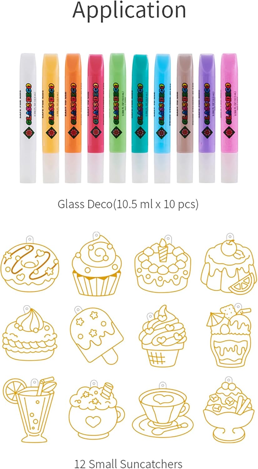 AMOS Sun Deco Window Art — 10.5 ml x 10 Colors — 12 Small Gold Outline Suncatchers for Kids (Dessert), DIY Painting Craft Kit OleocaToys