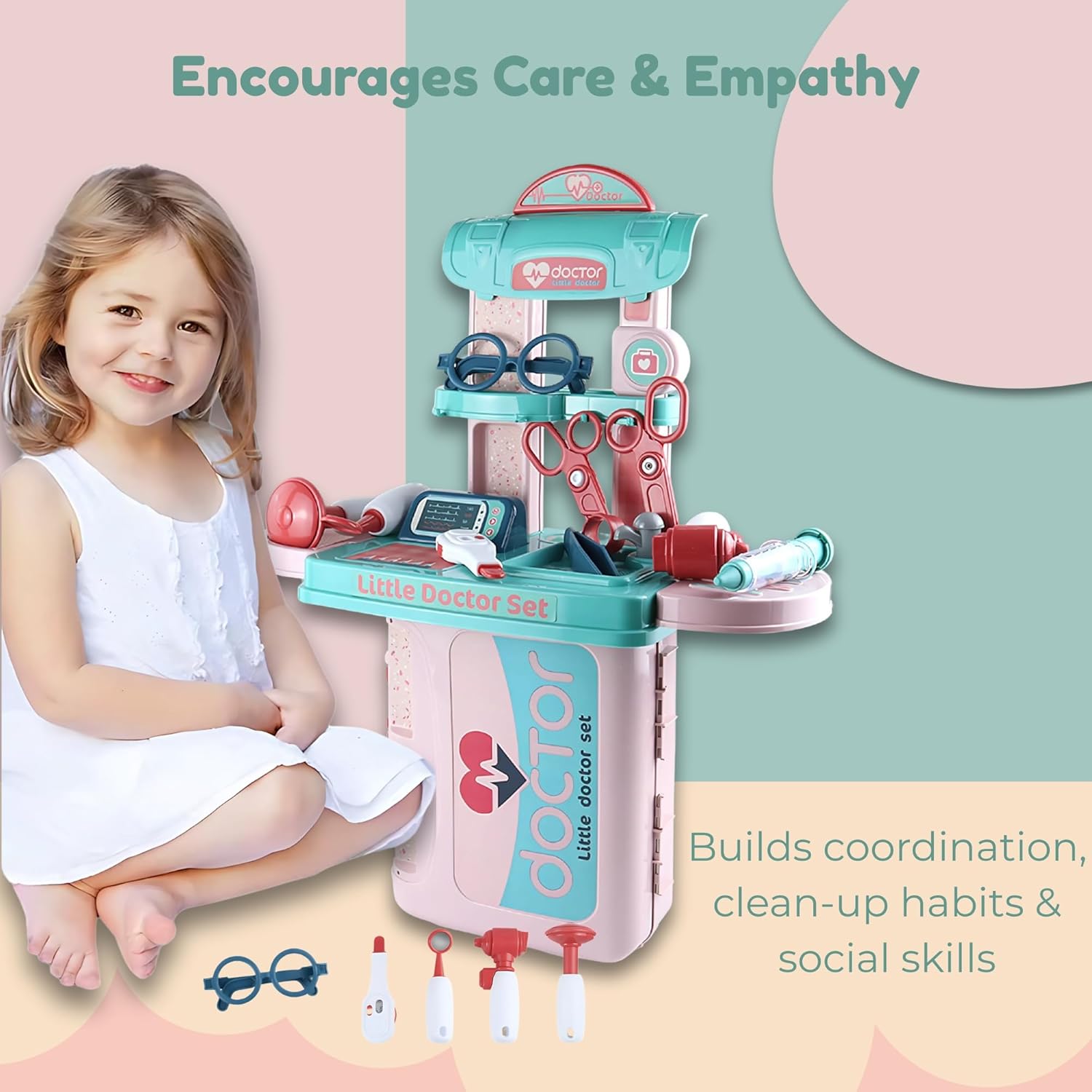 Kids Doctor Set — 3 in 1 Portable Suitcase & Medical Table Playset, Pretend Play Kit with Doctor Tools, Storage & Travel Gift for Toddlers Ages 3+ OleocaToys