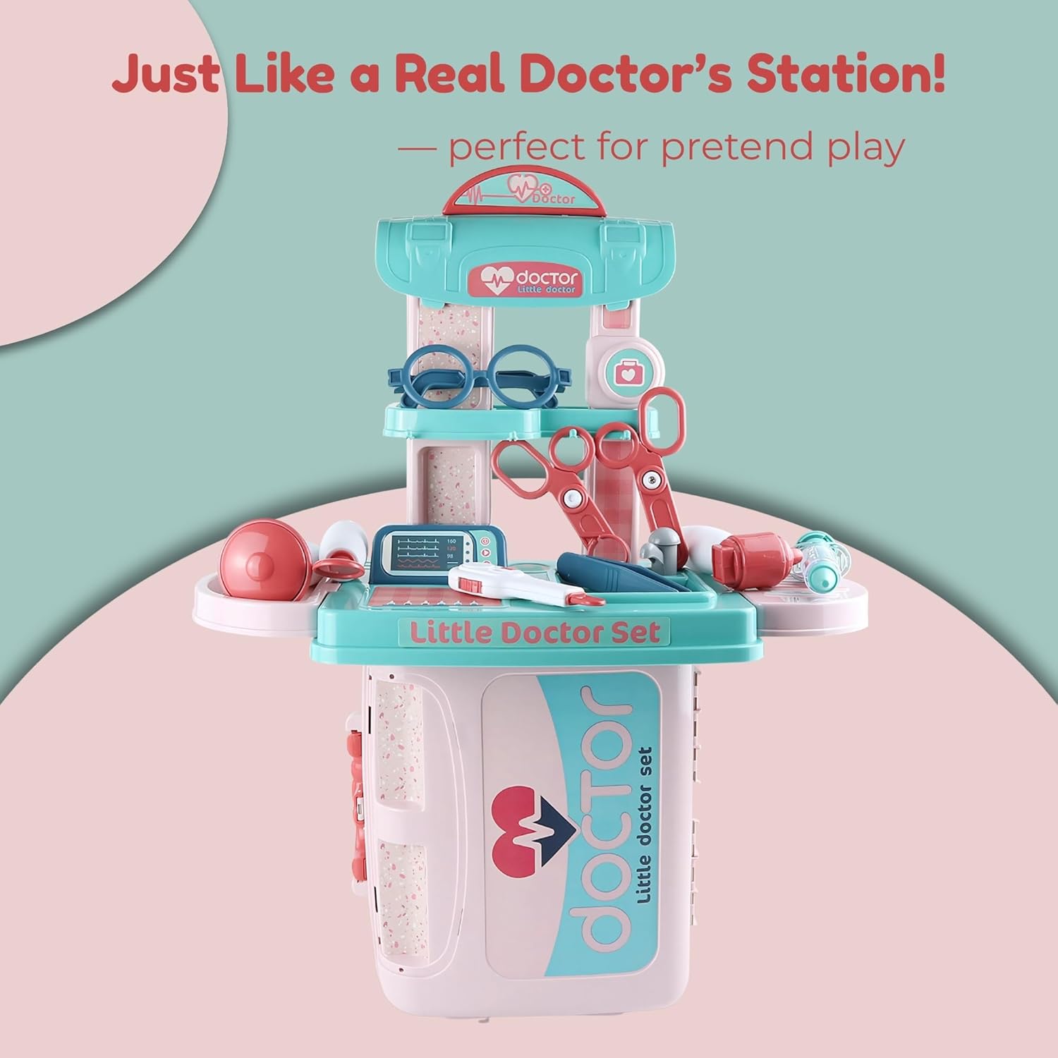 Kids Doctor Set — 3 in 1 Portable Suitcase & Medical Table Playset, Pretend Play Kit with Doctor Tools, Storage & Travel Gift for Toddlers Ages 3+ OleocaToys