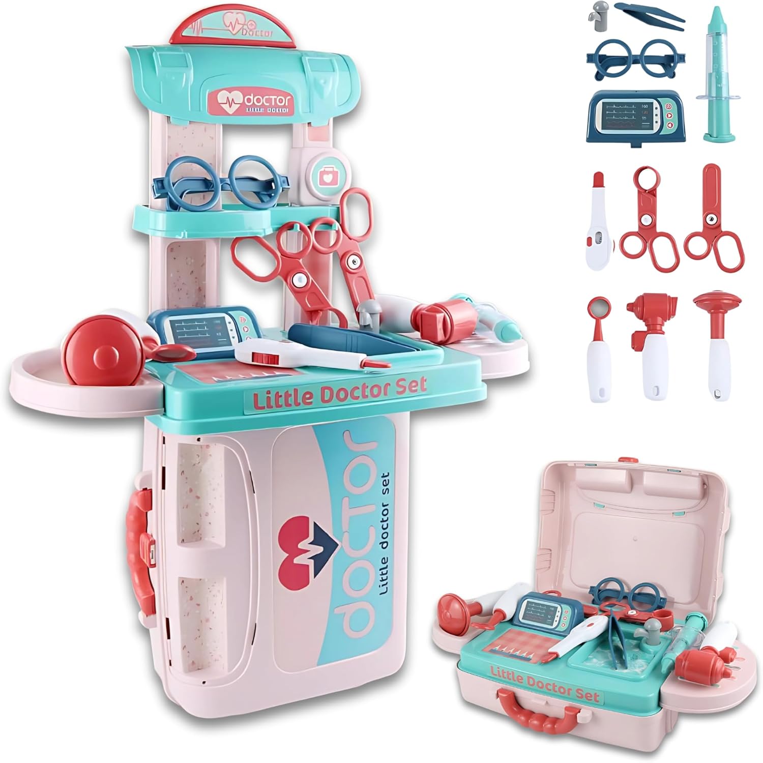 Kids Doctor Set — 3 in 1 Portable Suitcase & Medical Table Playset, Pretend Play Kit with Doctor Tools, Storage & Travel Gift for Toddlers Ages 3+ OleocaToys