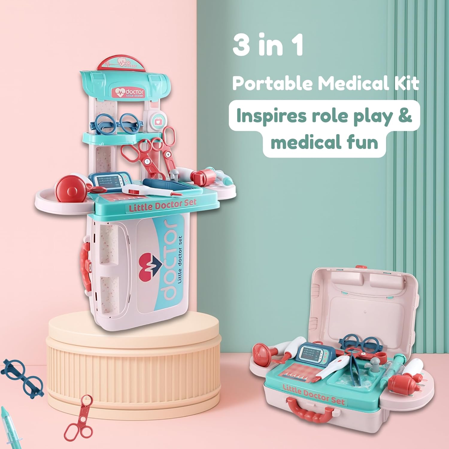Kids Doctor Set — 3 in 1 Portable Suitcase & Medical Table Playset, Pretend Play Kit with Doctor Tools, Storage & Travel Gift for Toddlers Ages 3+ OleocaToys