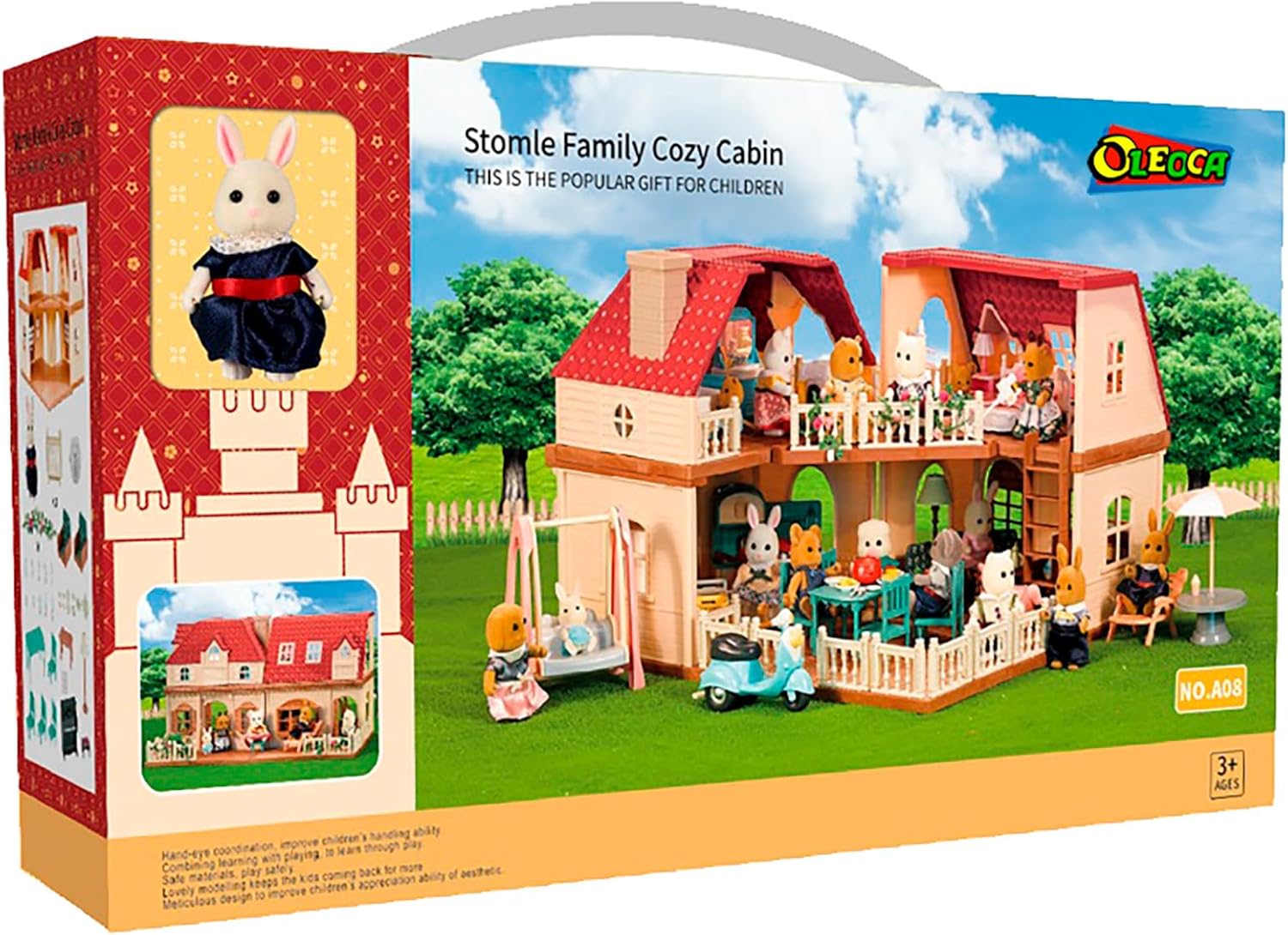 Family Grand Doll House — Light-Up 2-Story Cozy Cabin with Furniture & Bunny Figure, Complete Dollhouse Playset for Creative Pretend Play, Gift for Kids Ages 3+ OleocaToys