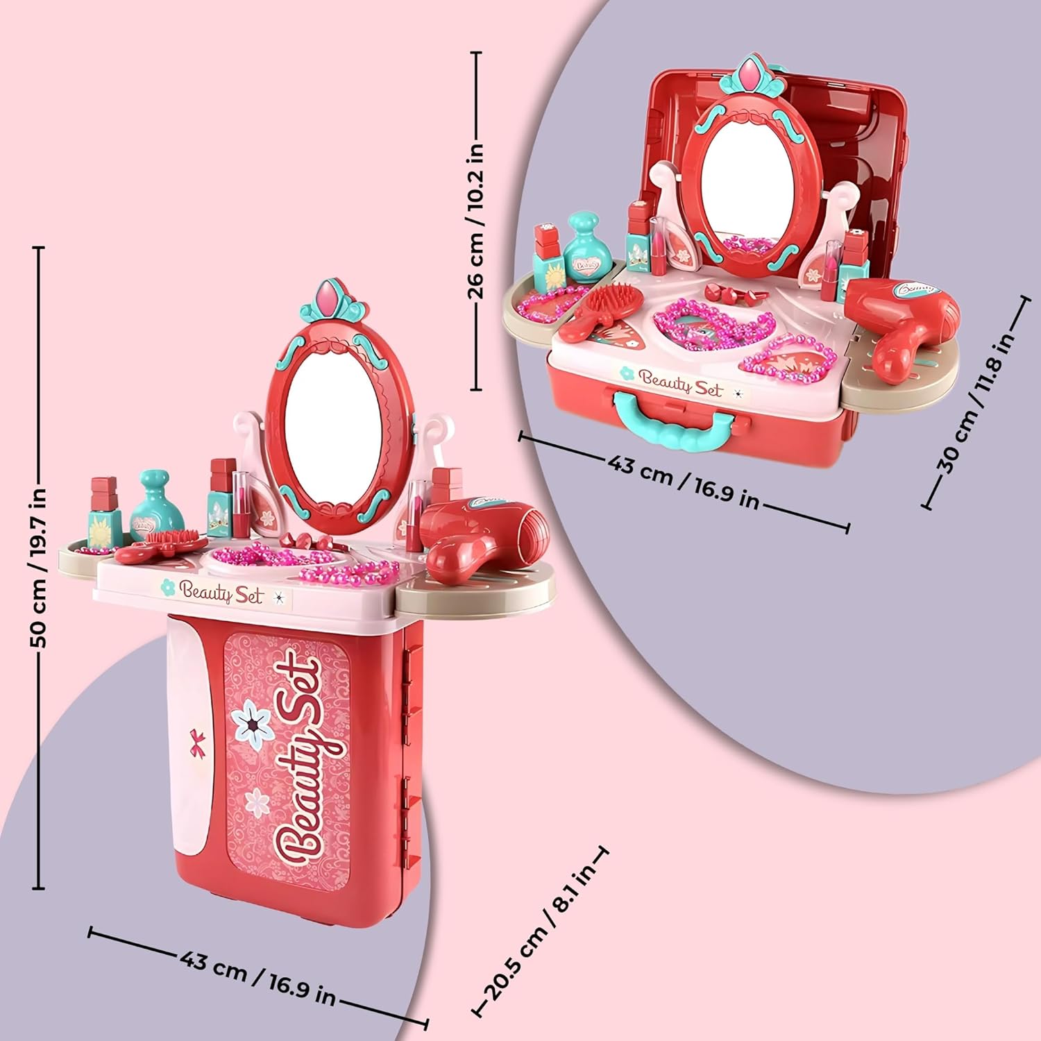 Kids Vanity Set — 3 in 1 Suitcase, Table & Vanity Mirror Playset with Pretend Makeup, Accessories for Role Play, Travel & Gifts for Girls Ages 3+ OleocaToys