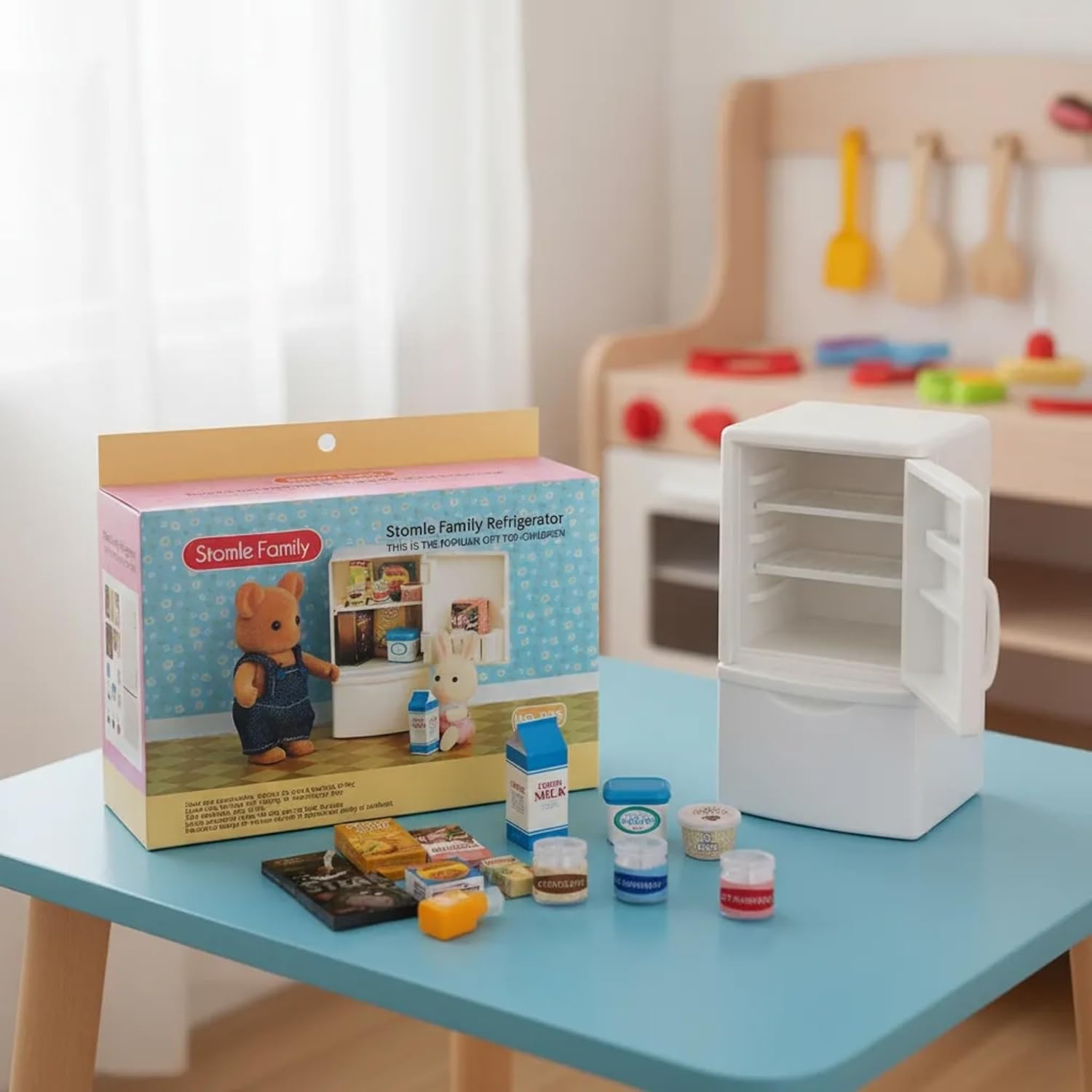 Family Dollhouse Refrigerator Set — Mini Fridge with Opening Doors, Interior Shelves, Milk Carton, Yogurt Tub, Ice Cream Cups & Topping Jars — Dollhouse Furniture & Accessories for Ages 3+ OleocaToys