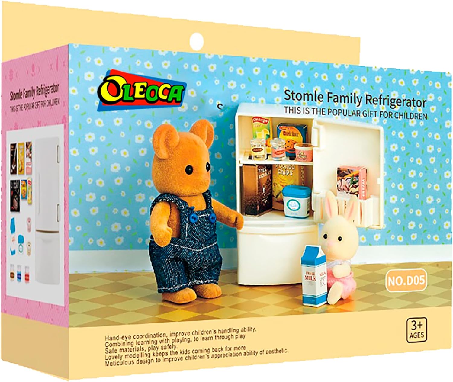 Family Dollhouse Refrigerator Set — Mini Fridge with Opening Doors, Interior Shelves, Milk Carton, Yogurt Tub, Ice Cream Cups & Topping Jars — Dollhouse Furniture & Accessories for Ages 3+ OleocaToys