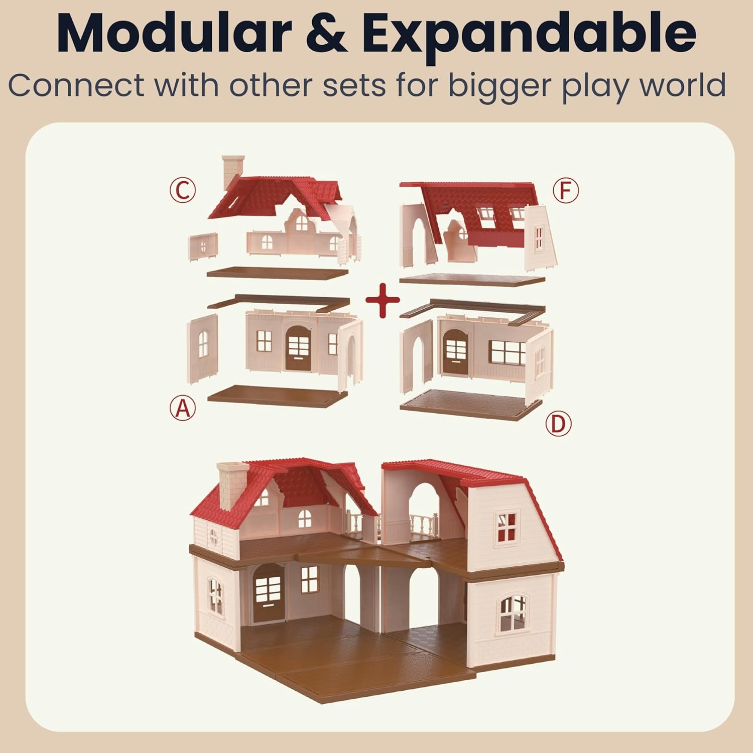 Family Grand Doll House — Light-Up 2-Story Cozy Cabin with Furniture & Bunny Figure, Complete Dollhouse Playset for Creative Pretend Play, Gift for Kids Ages 3+ OleocaToys