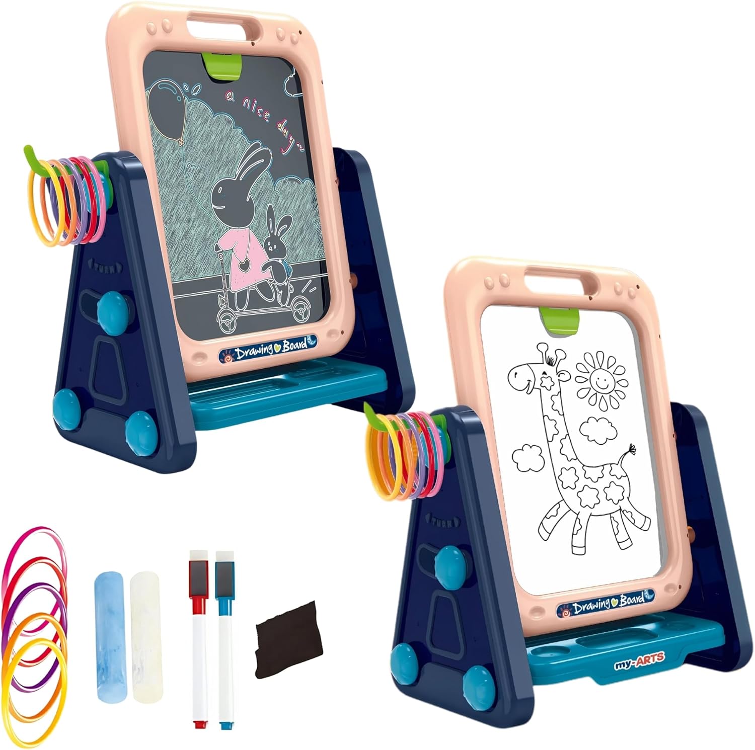 Easel for Kids – 4 in 1 Double Sided Toddler Art Easel with Magnetic Whiteboard, Chalk Board, Basketball Hoop & Ring Toss Game – Multifunctional Easel with Drawing Accessories for Ages 3+ OleocaToys