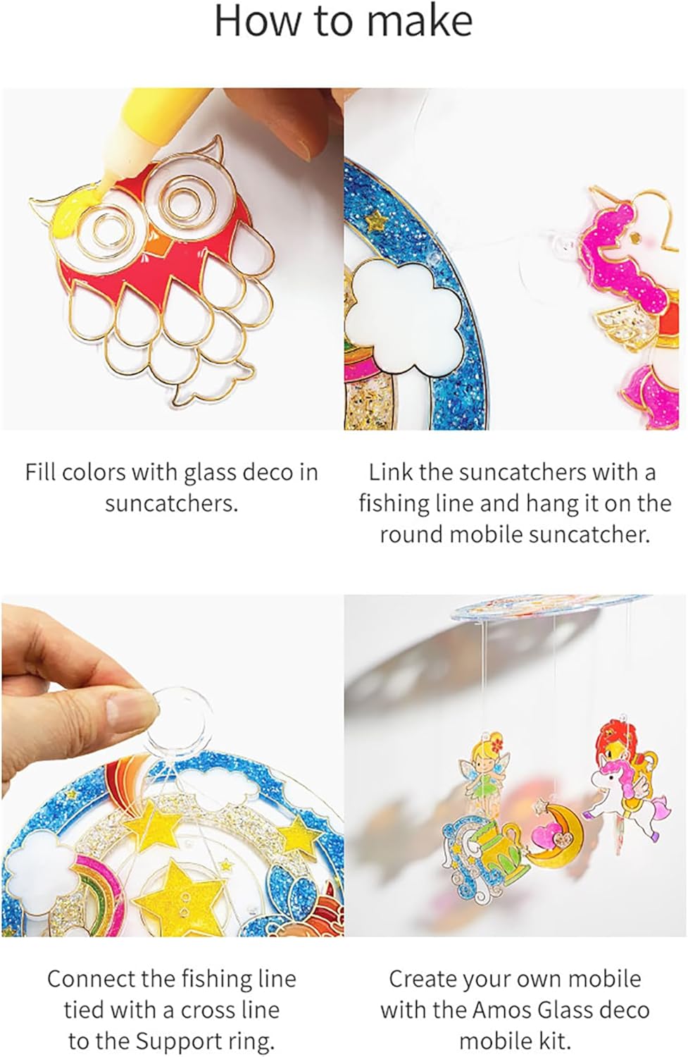 AMOS Glass Deco Window Art Kit — 10.5 ml x 10 Colors — 1 Round Mobile Center + 8 Suncatchers for Kids, Support Ring & String, DIY Hanging Mobile OleocaToys
