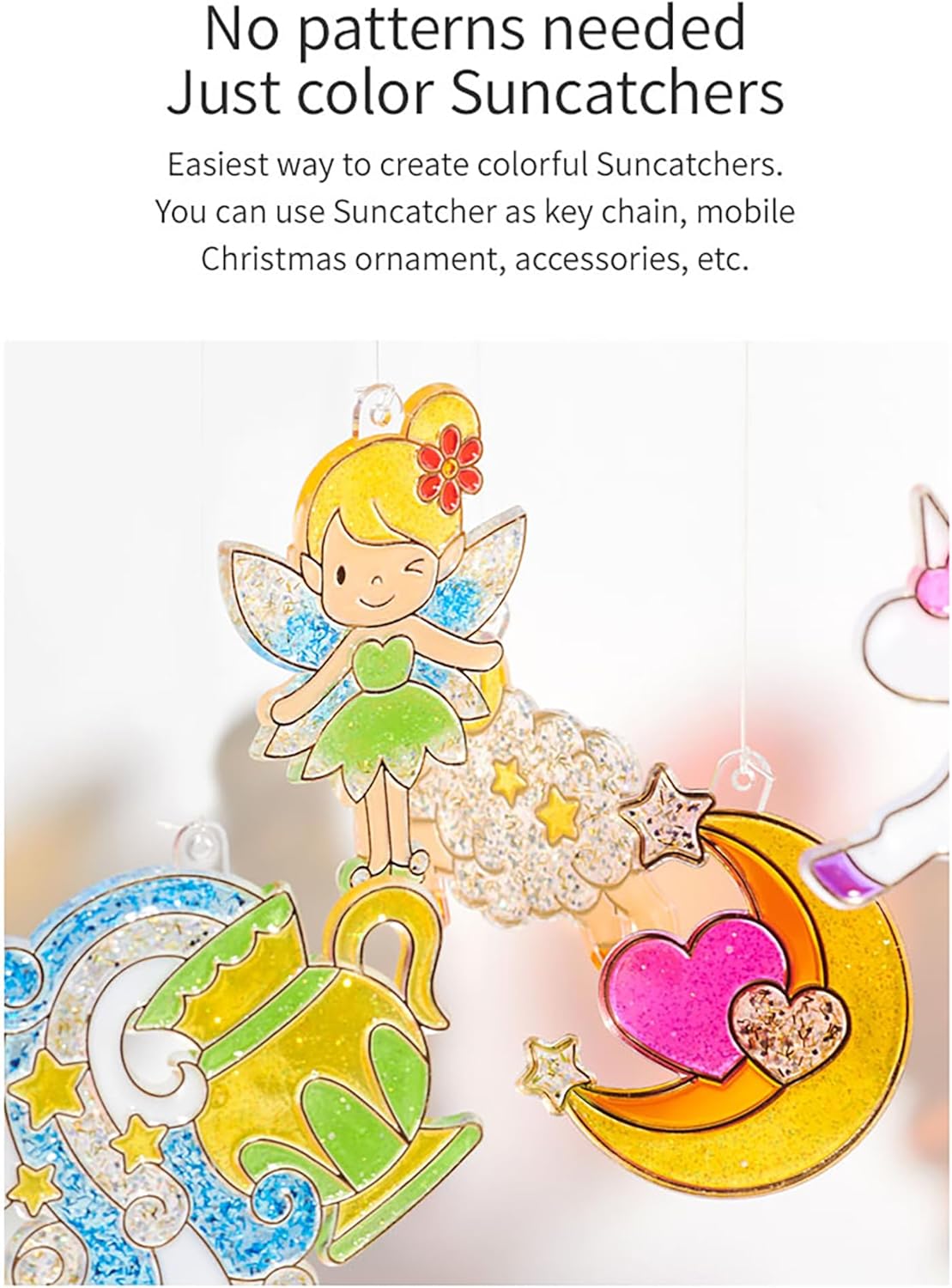 AMOS Glass Deco Window Art Kit — 10.5 ml x 10 Colors — 1 Round Mobile Center + 8 Suncatchers for Kids, Support Ring & String, DIY Hanging Mobile OleocaToys