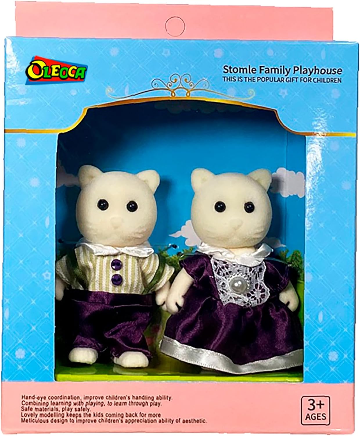 Family Cream Cat Figures — Set of 2 Collectible Flocked Mini Dolls with Removable Clothes, Miniature Dollhouse Pretend Play Figures for Kids Ages 3+ OleocaToys