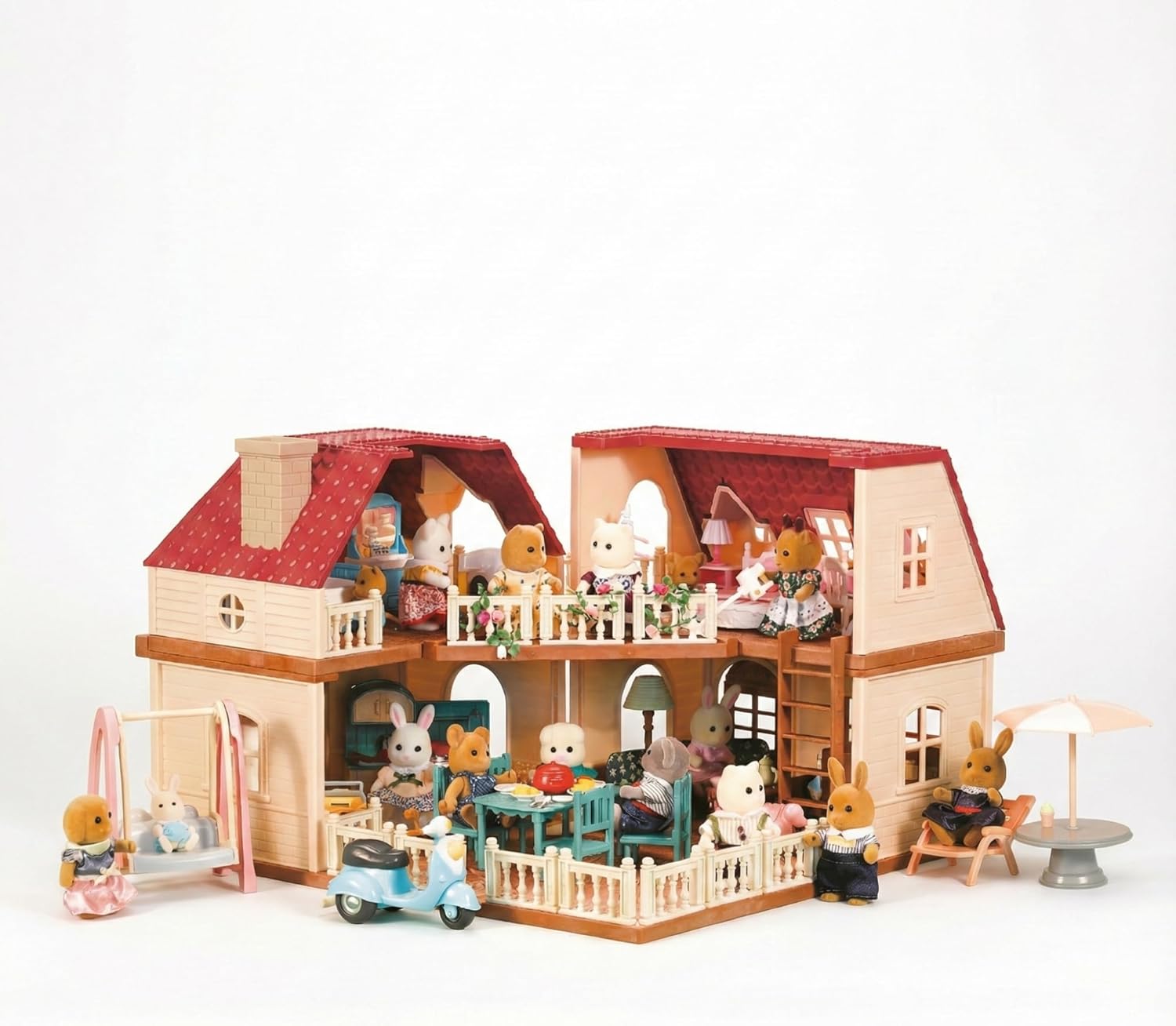 Family Grand Doll House — Light-Up 2-Story Cozy Cabin with Furniture & Bunny Figure, Complete Dollhouse Playset for Creative Pretend Play, Gift for Kids Ages 3+ OleocaToys