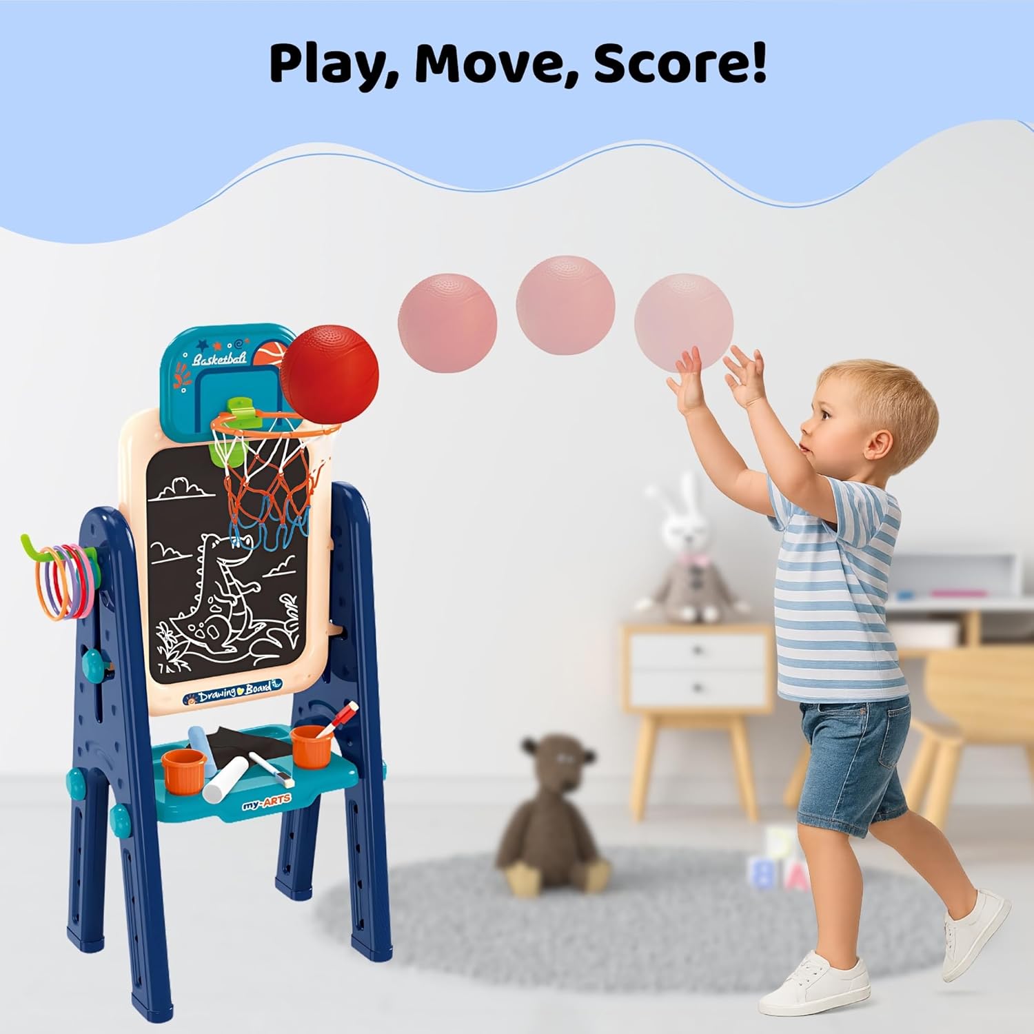 Easel for Kids – 4 in 1 Double Sided Toddler Art Easel with Magnetic Whiteboard, Chalk Board, Basketball Hoop & Ring Toss Game – Multifunctional Easel with Drawing Accessories for Ages 3+ OleocaToys