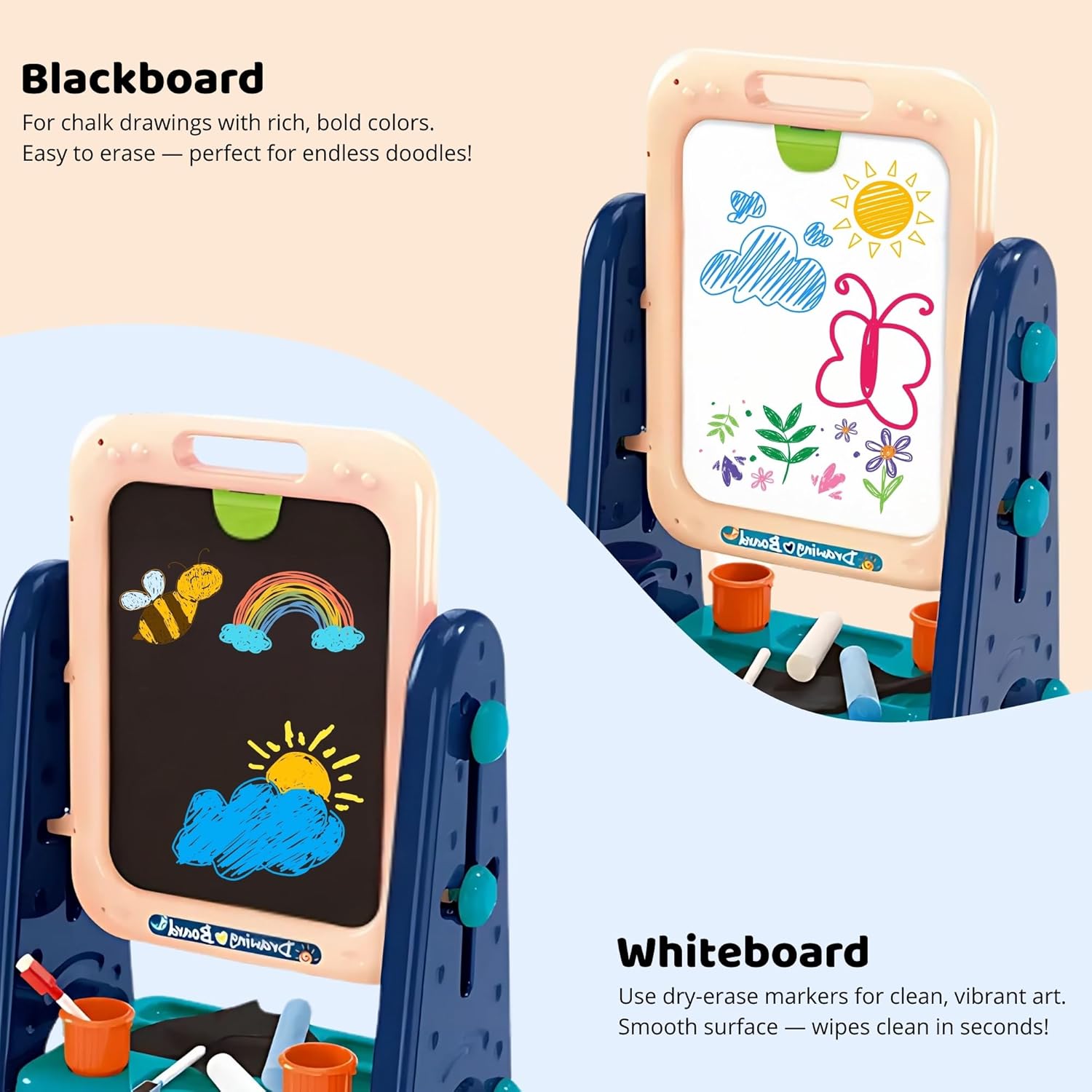 Easel for Kids – 4 in 1 Double Sided Toddler Art Easel with Magnetic Whiteboard, Chalk Board, Basketball Hoop & Ring Toss Game – Multifunctional Easel with Drawing Accessories for Ages 3+ OleocaToys