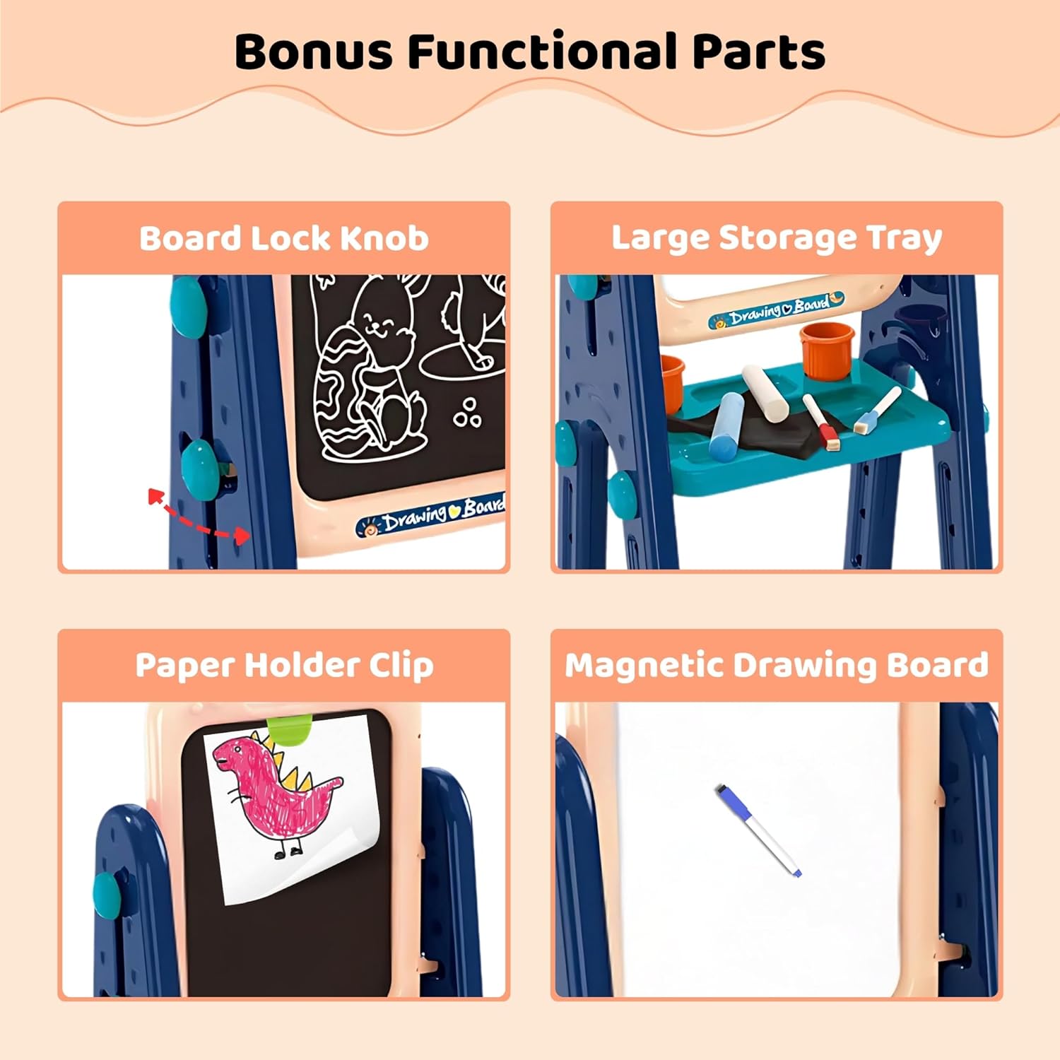 Easel for Kids – 4 in 1 Double Sided Toddler Art Easel with Magnetic Whiteboard, Chalk Board, Basketball Hoop & Ring Toss Game – Multifunctional Easel with Drawing Accessories for Ages 3+ OleocaToys