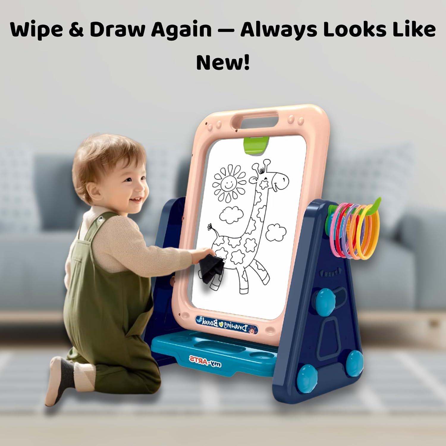 Toddler Easel — 4 in 1 Double Sided Art Easel for Kids with Magnetic Whiteboard, Chalk Board, Adjustable Drawing Angle & Ring Toss Game – Creative Learning Toy for Ages 3+ OleocaToys