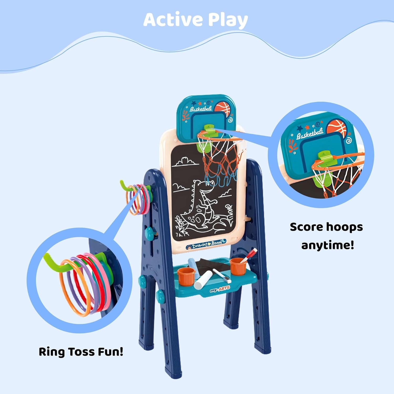 Easel for Kids – 4 in 1 Double Sided Toddler Art Easel with Magnetic Whiteboard, Chalk Board, Basketball Hoop & Ring Toss Game – Multifunctional Easel with Drawing Accessories for Ages 3+ OleocaToys