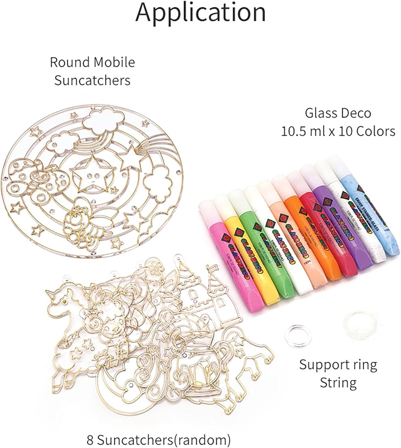 AMOS Glass Deco Window Art Kit — 10.5 ml x 10 Colors — 1 Round Mobile Center + 8 Suncatchers for Kids, Support Ring & String, DIY Hanging Mobile OleocaToys