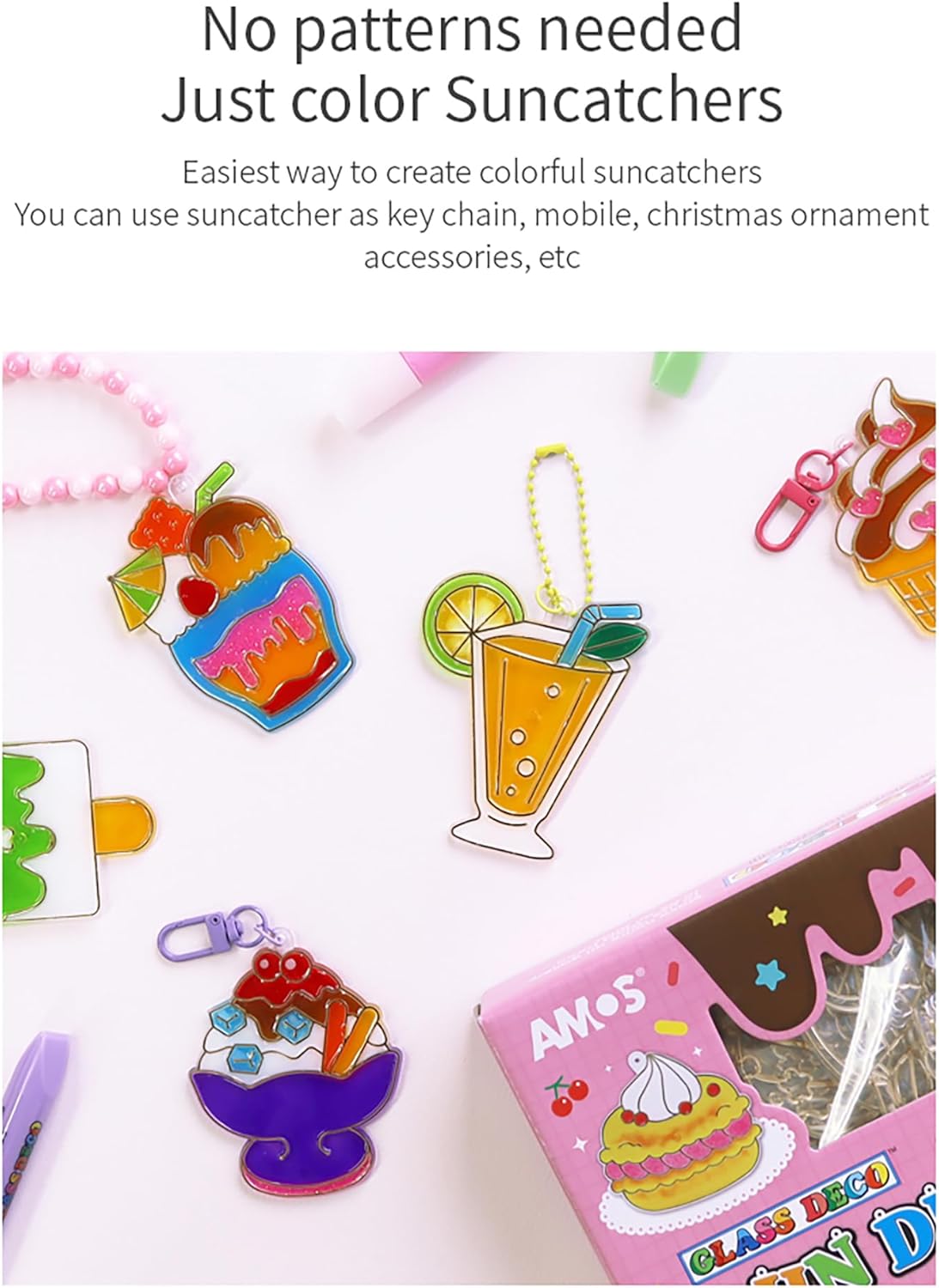 AMOS Sun Deco Window Art — 10.5 ml x 10 Colors — 12 Small Gold Outline Suncatchers for Kids (Dessert), DIY Painting Craft Kit OleocaToys