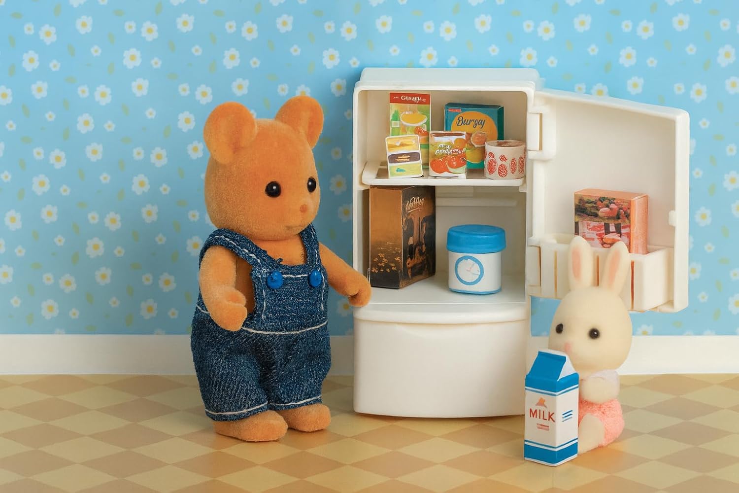 Family Dollhouse Refrigerator Set — Mini Fridge with Opening Doors, Interior Shelves, Milk Carton, Yogurt Tub, Ice Cream Cups & Topping Jars — Dollhouse Furniture & Accessories for Ages 3+ OleocaToys