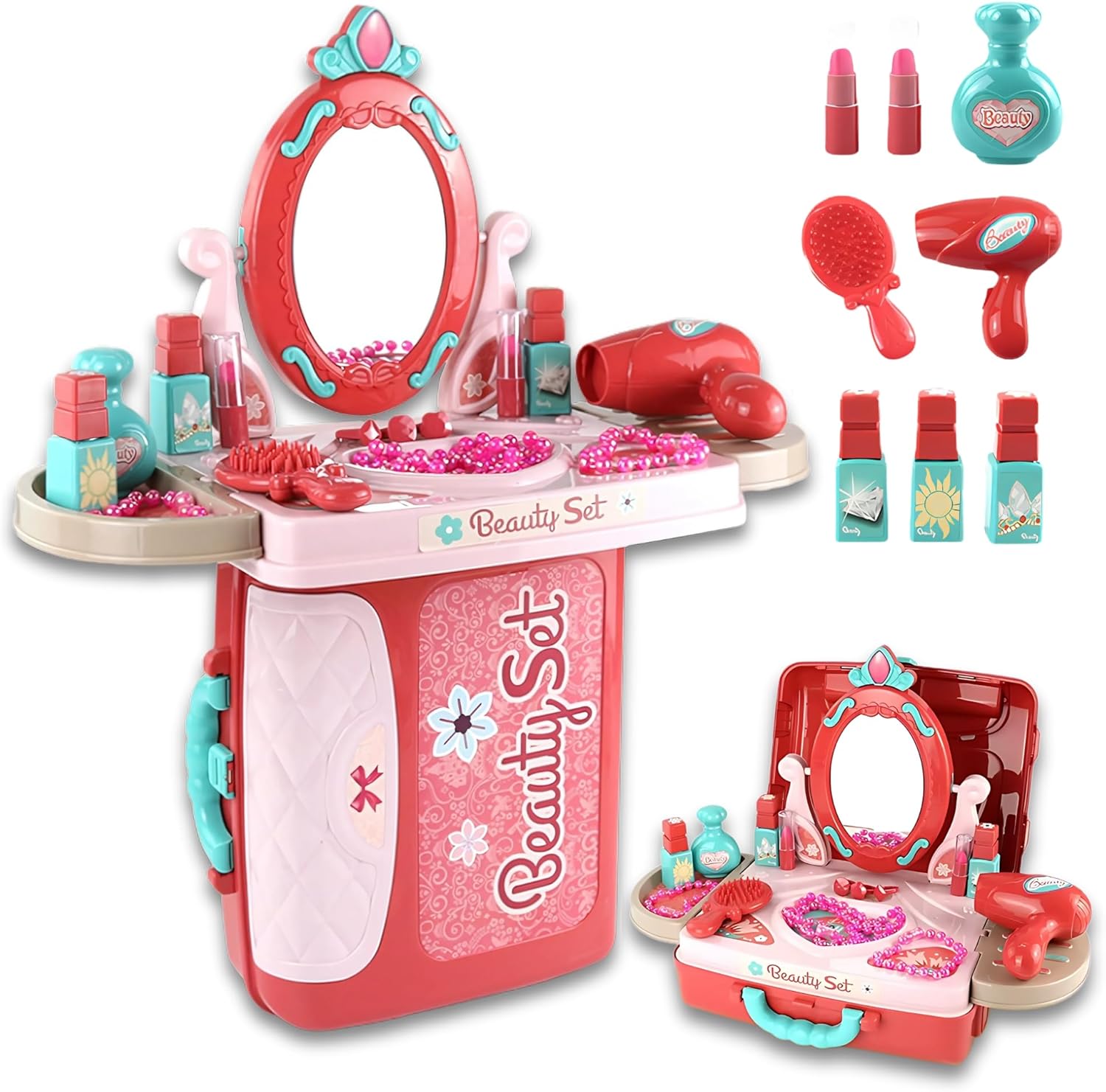 Kids Vanity Set — 3 in 1 Suitcase, Table & Vanity Mirror Playset with Pretend Makeup, Accessories for Role Play, Travel & Gifts for Girls Ages 3+ OleocaToys