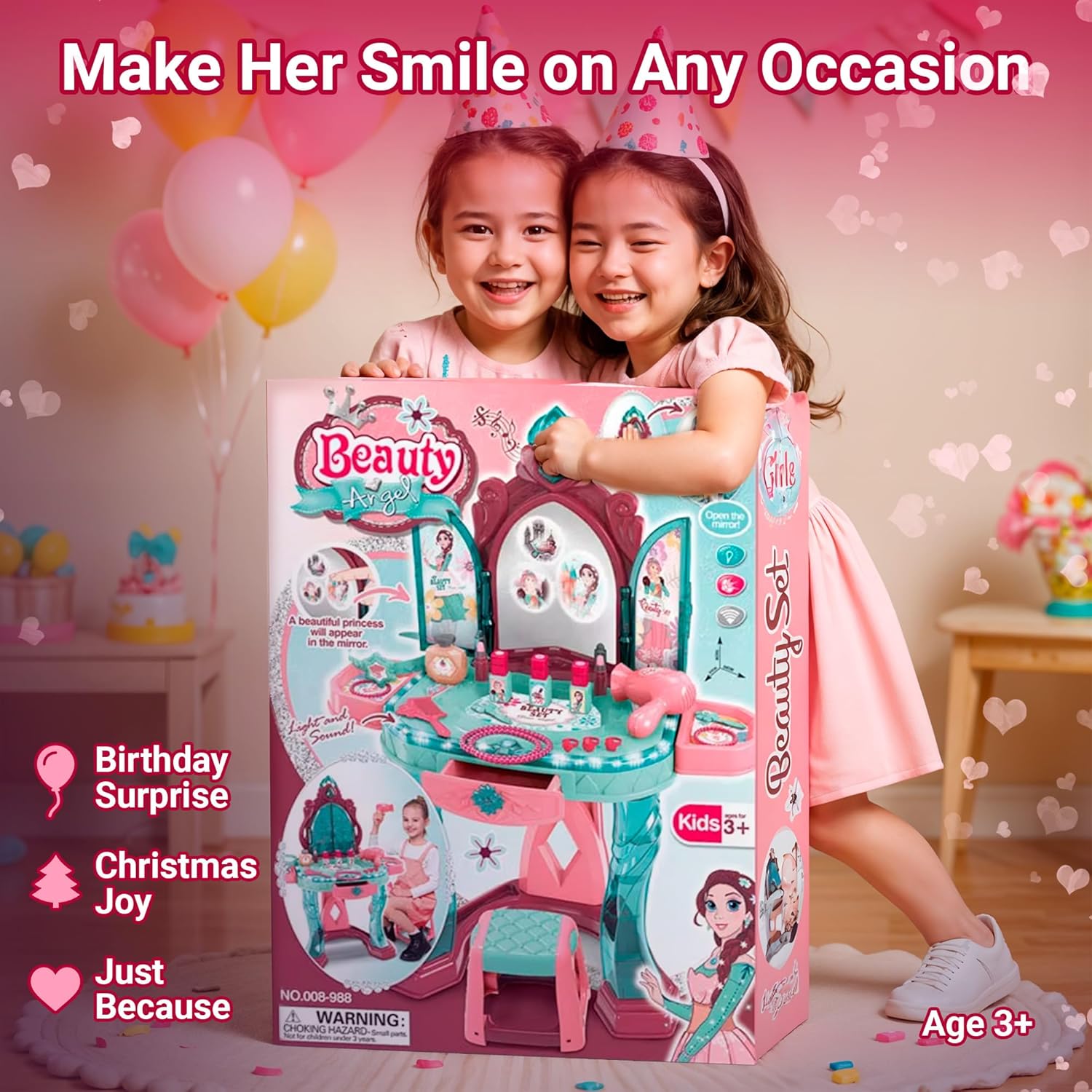 Toddler Vanity Table for Girls — Princess Makeup Playset with Light & Sound Mirror, Magic Sensor, Stool & Accessories, Pretend Beauty Toy for Ages 3+ OleocaToys