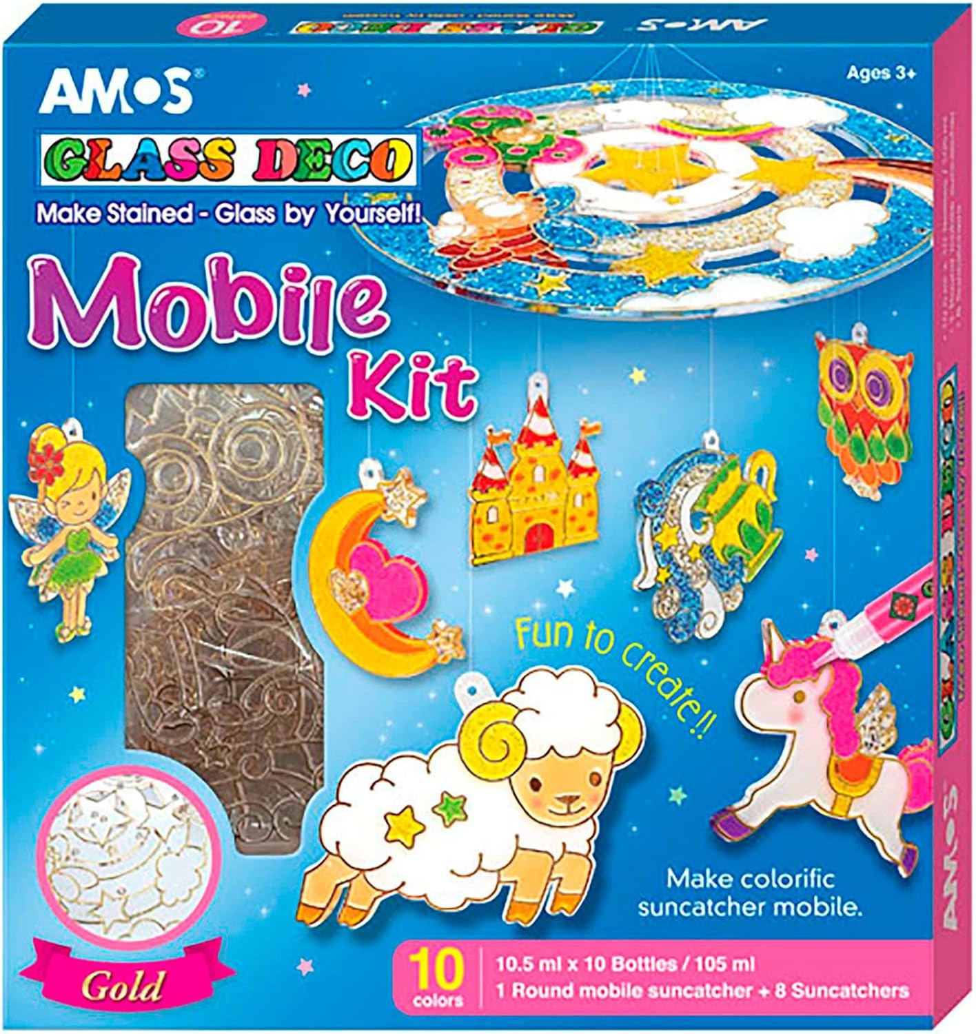 AMOS Glass Deco Window Art Kit — 10.5 ml x 10 Colors — 1 Round Mobile Center + 8 Suncatchers for Kids, Support Ring & String, DIY Hanging Mobile OleocaToys