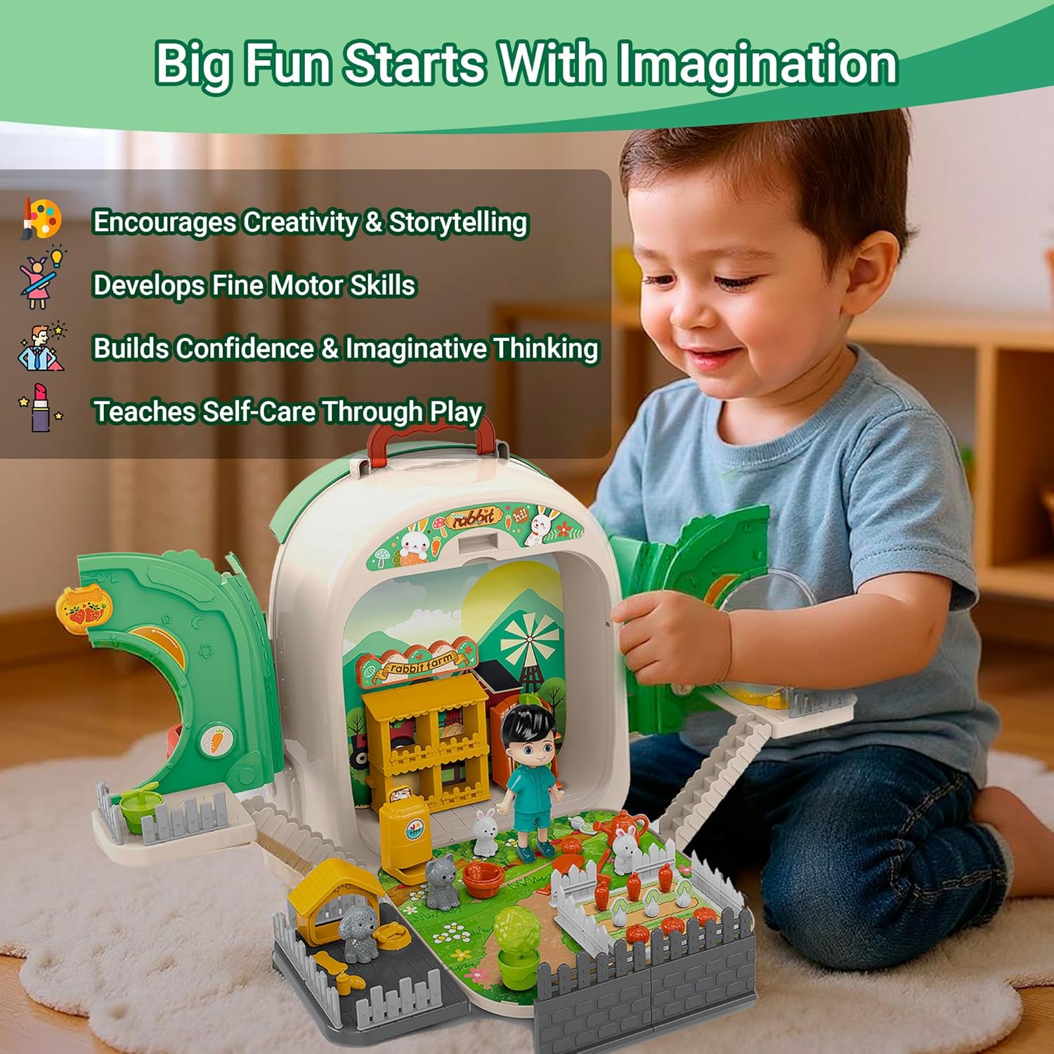 Vegetable Farm Backpack Toy — 3 in 1 Play Set with Rabbit Toys for Kids, Garden Accessories & Carry Case, Double-Sided Activity Set for Ages 3+ OleocaToys