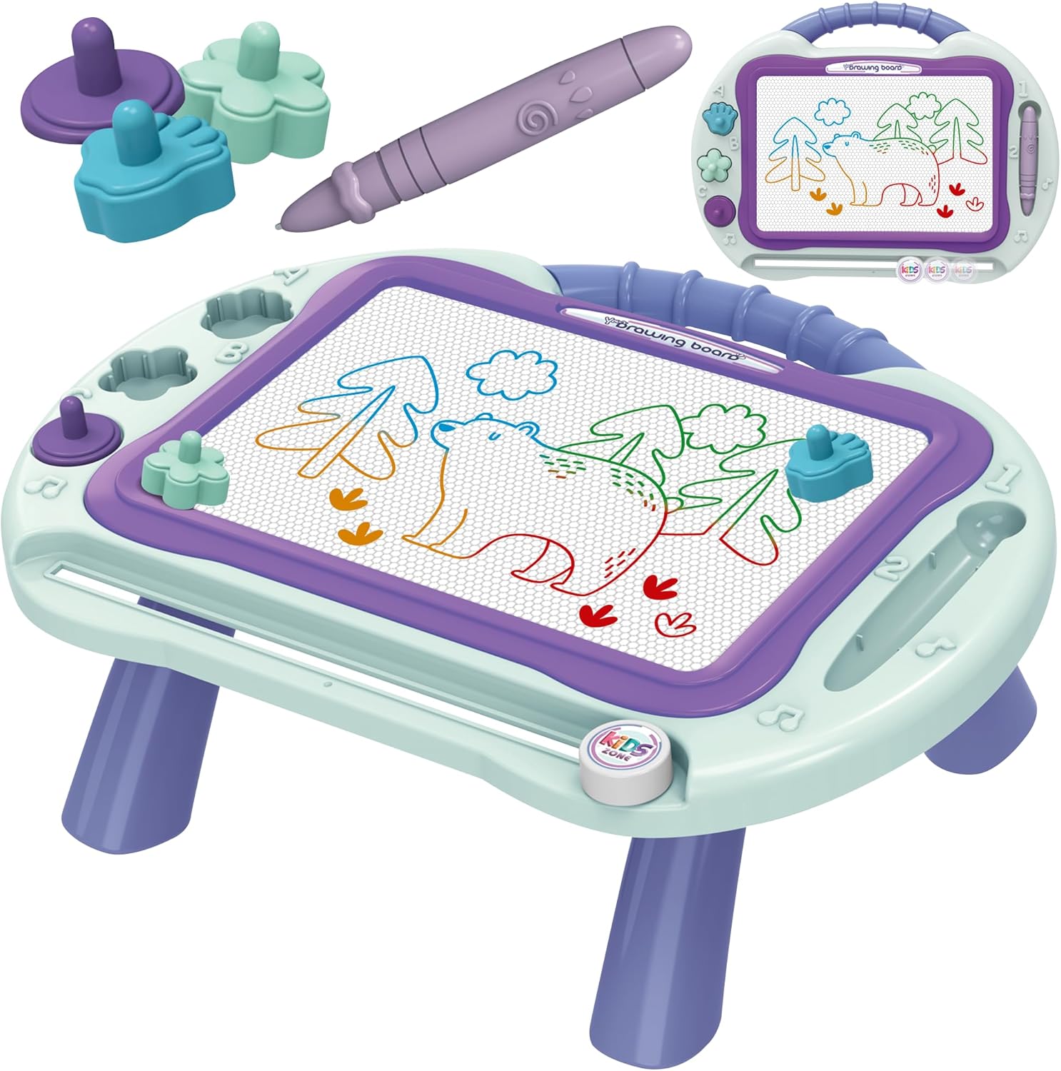 Magnetic Drawing Board for Kids — 2 in 1 Erasable Table & Portable Doodle Pad with Color Zones, Pen & Stamps – Travel Learning Toy, Gift for Boys & Girls Ages 3+ OleocaToys