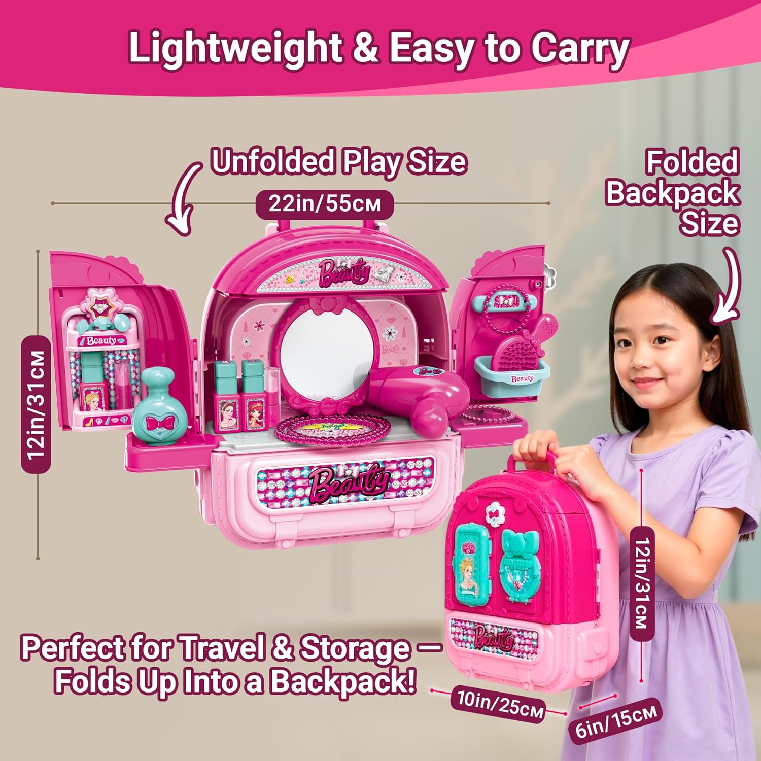 Beauty Vanity Backpack Toy — 3 in 1 Makeup Playset, Dollhouse & Carry Case with Mirror, Accessories & Hair Tools, Pretend Beauty Kit for Girls Ages 3+ OleocaToys