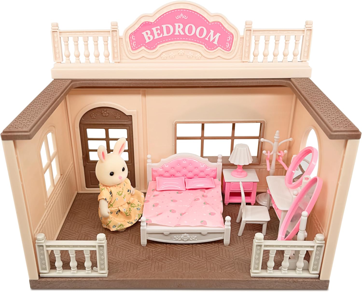 Family Bedroom Doll House — Cozy Cabin with Bunny Figure, Bed, Vanity & Accessories, Complete Modular Dollhouse Playset for Creative Pretend Play Ages 3+ OleocaToys