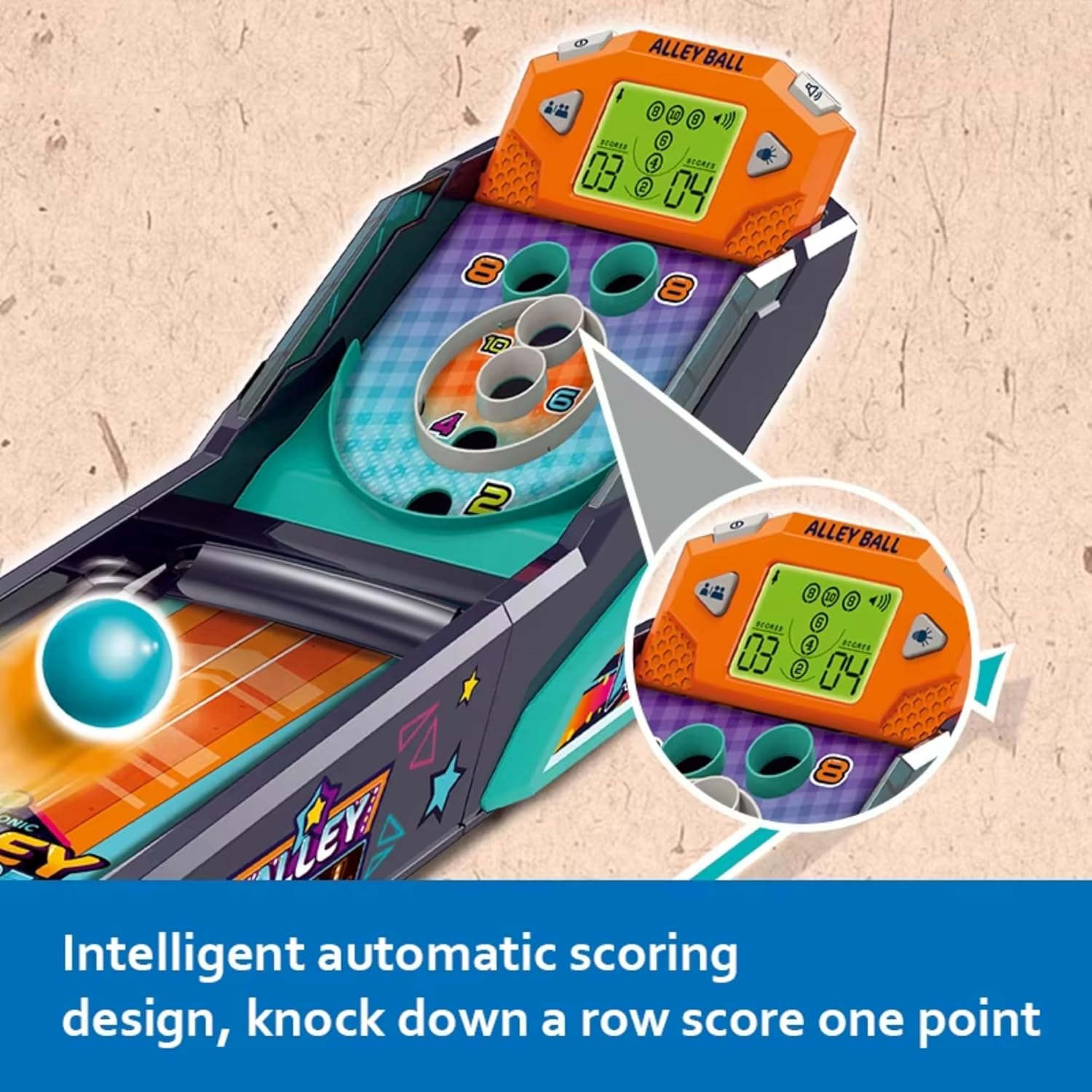 Alley Ball Game — Electronic Roll & Score Tabletop Arcade, Auto Scoring with Lights & Sound, Pull-Handle Launcher — 1-2 Players, Mini Arcade Game for Kids OleocaToys