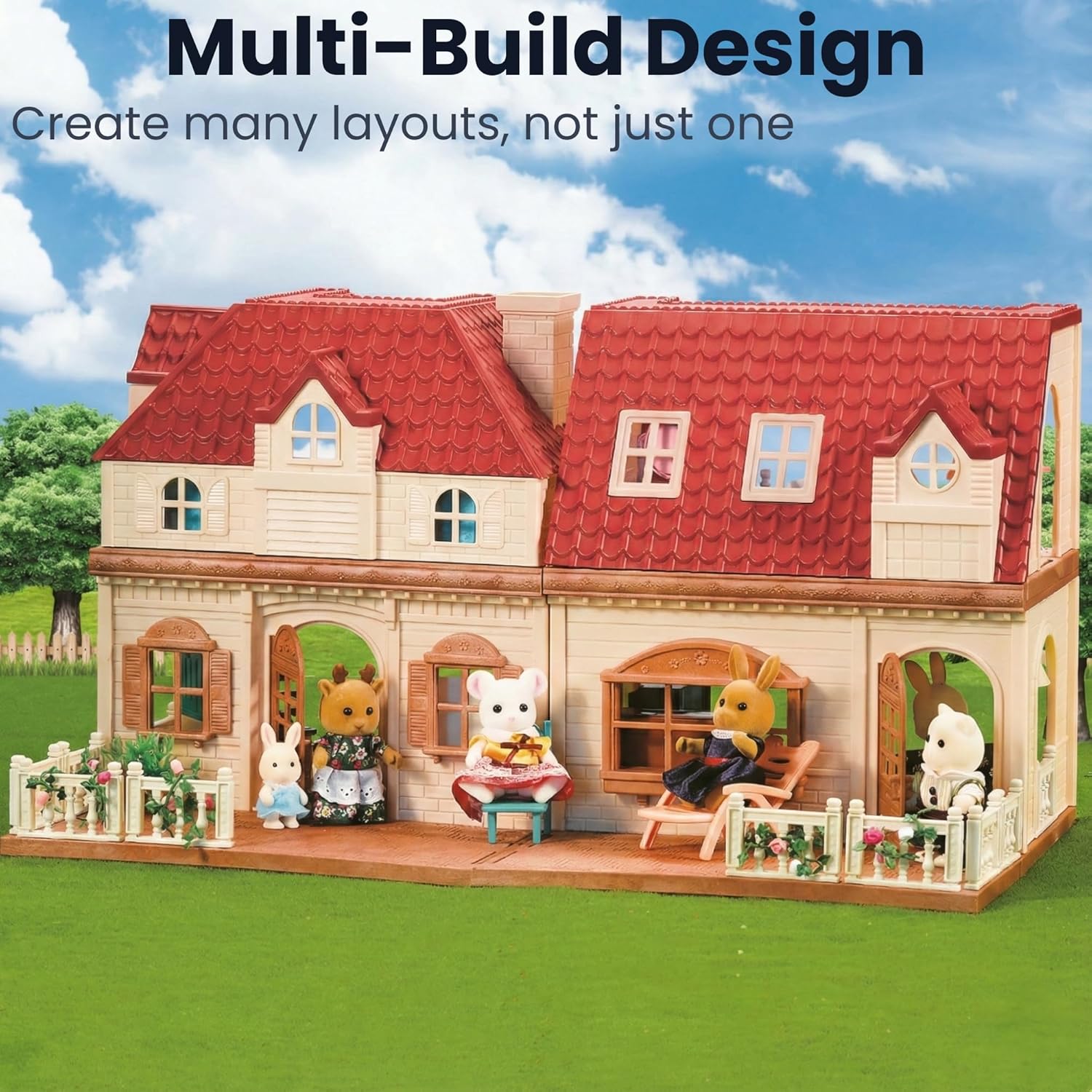 Family Grand Doll House — Light-Up 2-Story Cozy Cabin with Furniture & Bunny Figure, Complete Dollhouse Playset for Creative Pretend Play, Gift for Kids Ages 3+ OleocaToys