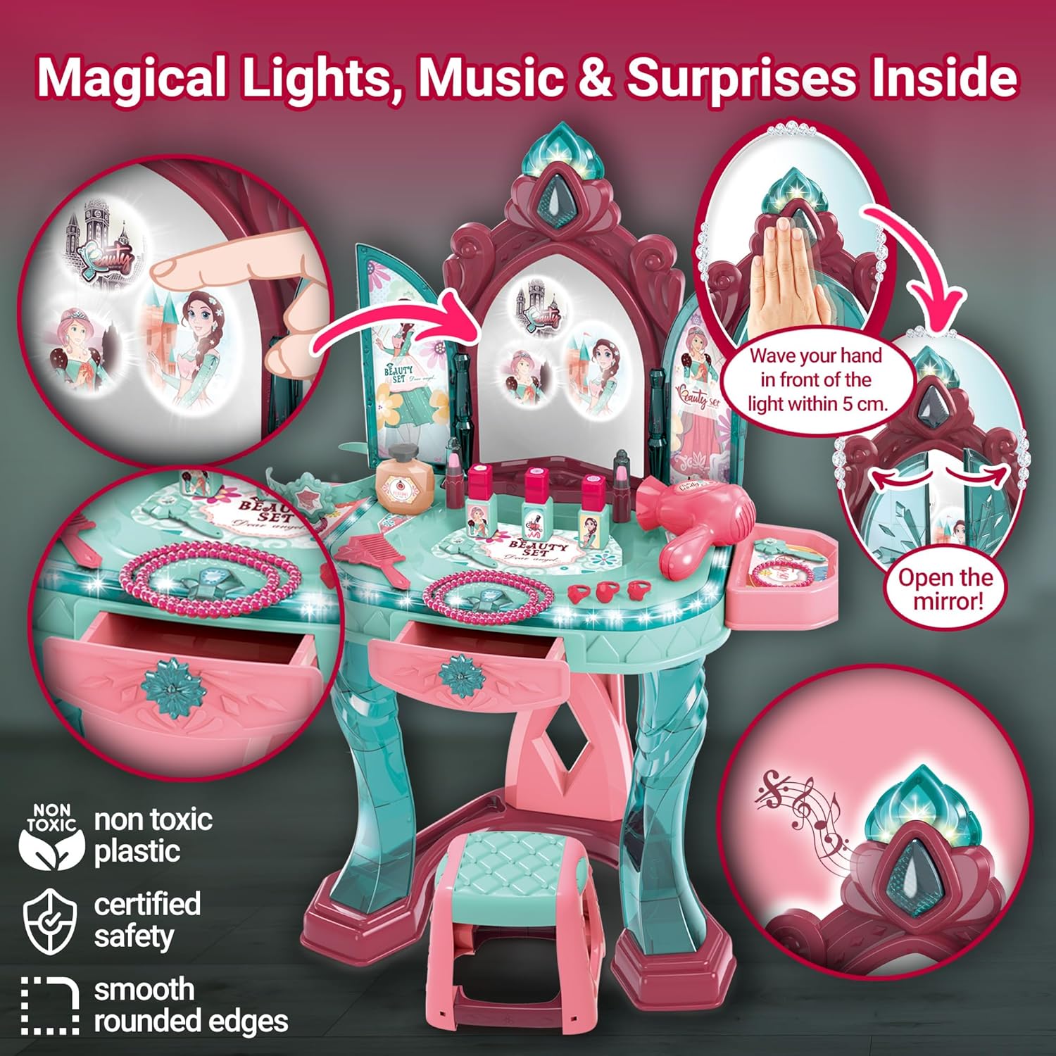 Toddler Vanity Table for Girls — Princess Makeup Playset with Light & Sound Mirror, Magic Sensor, Stool & Accessories, Pretend Beauty Toy for Ages 3+ OleocaToys