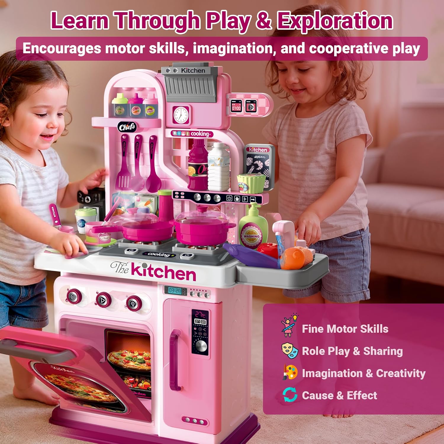 Kids Kitchen Playset — Toy Stove with Lights & Sound, Sink with Running Water, Oven, 53 Accessories & Cooking Tools, Pretend Cooking Gift for Girls Ages 3+ OleocaToys