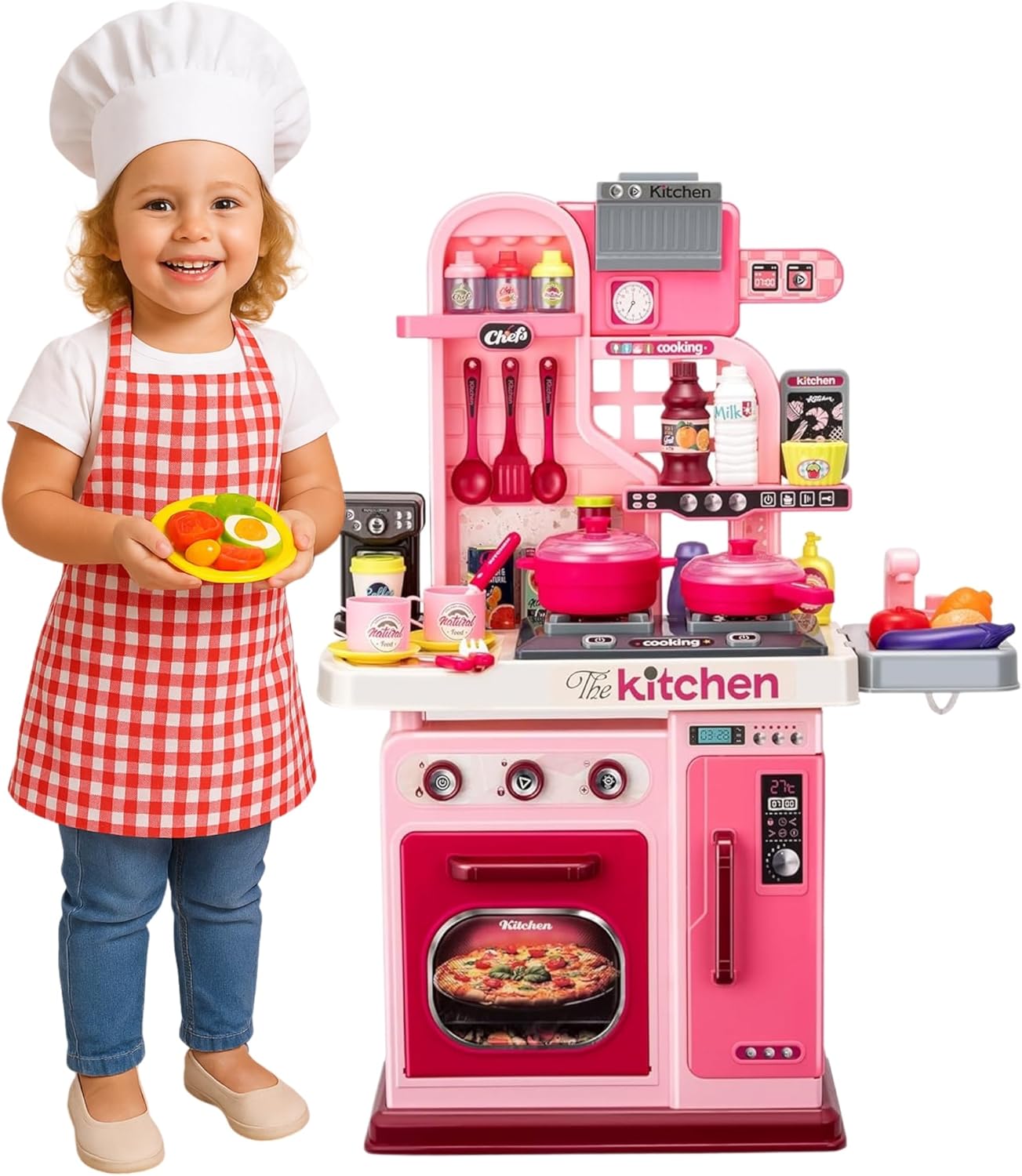 Kids Kitchen Playset — Toy Stove with Lights & Sound, Sink with Running Water, Oven, 53 Accessories & Cooking Tools, Pretend Cooking Gift for Girls Ages 3+ OleocaToys