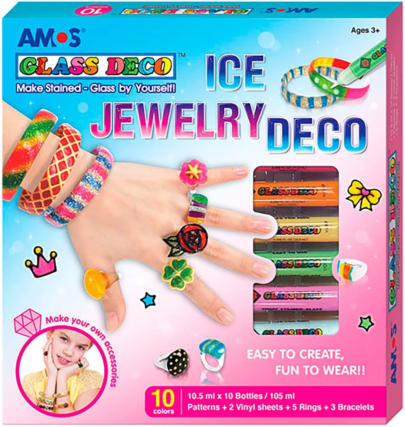 AMOS Glass Deco Ice Jewelry Making Kit for Kids — 10.5 ml x 8 Colors — Black & Gold Liners, 2 Vinyl Sheets & Templates, 5 Rings & 3 Bracelets, Make Your Own Jewelry OleocaToys
