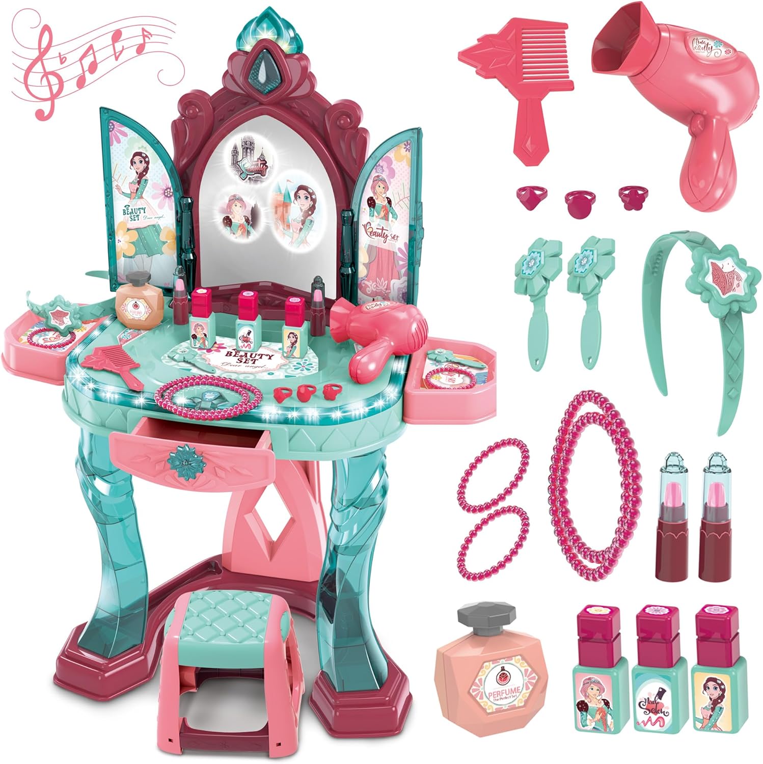Toddler Vanity Table for Girls — Princess Makeup Playset with Light & Sound Mirror, Magic Sensor, Stool & Accessories, Pretend Beauty Toy for Ages 3+ OleocaToys