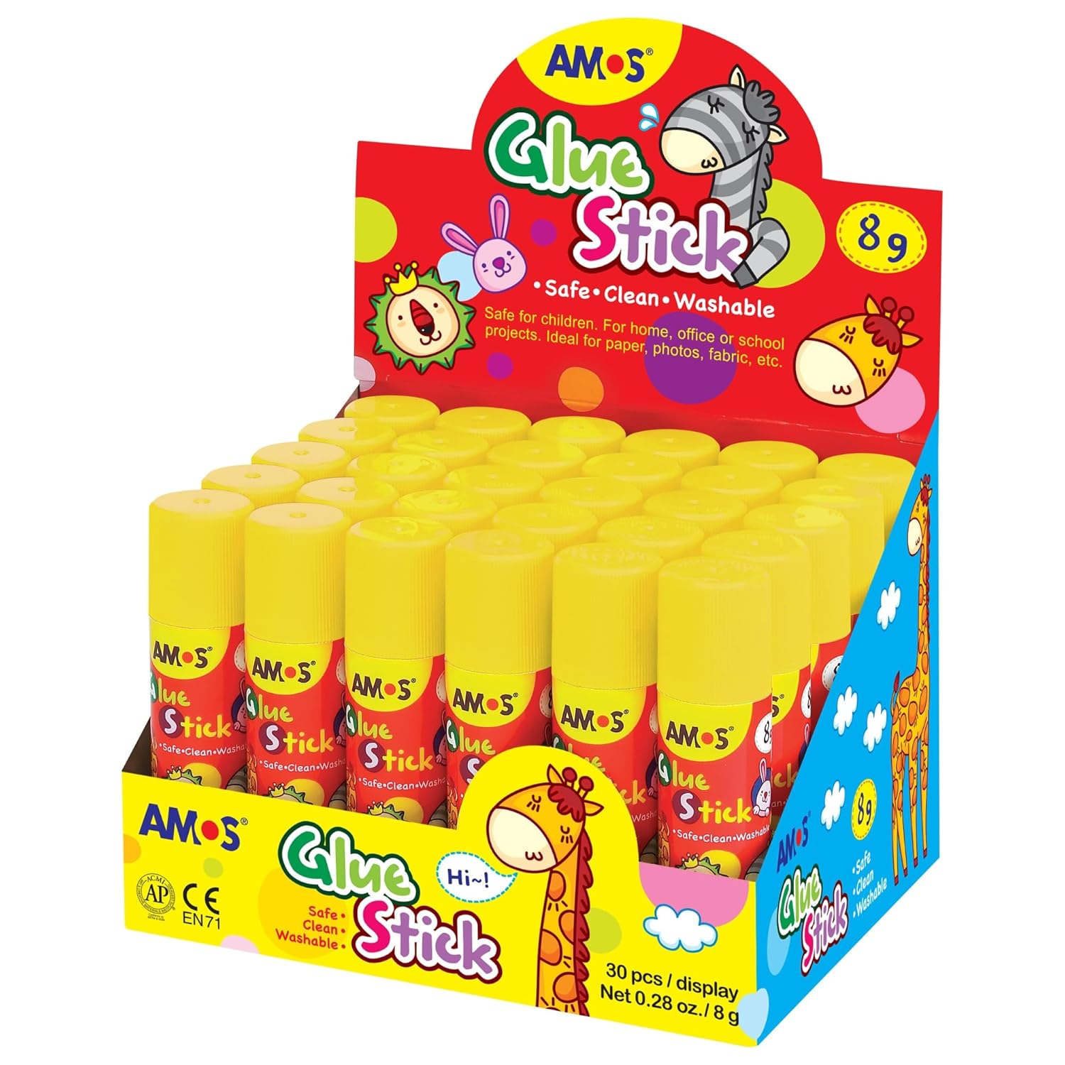 AMOS Glue Sticks — 8 g (0.28 oz), 30 Sticks in Display Box, Kid’s Design for School, Office & Crafts — Washable, Non-Toxic, Acid-Free OleocaToys