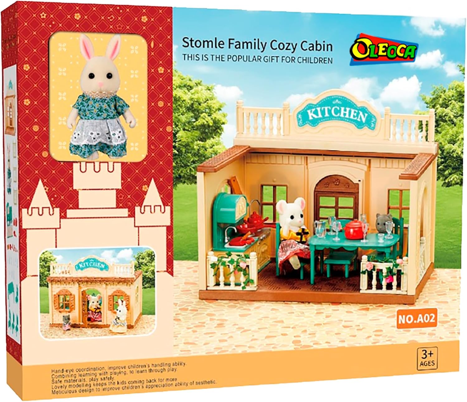 Family Kitchen Doll House — Cozy Cabin with Bunny Figure, Dining Set & Cookware, Complete Modular Dollhouse Playset for Creative Pretend Play Ages 3+ OleocaToys