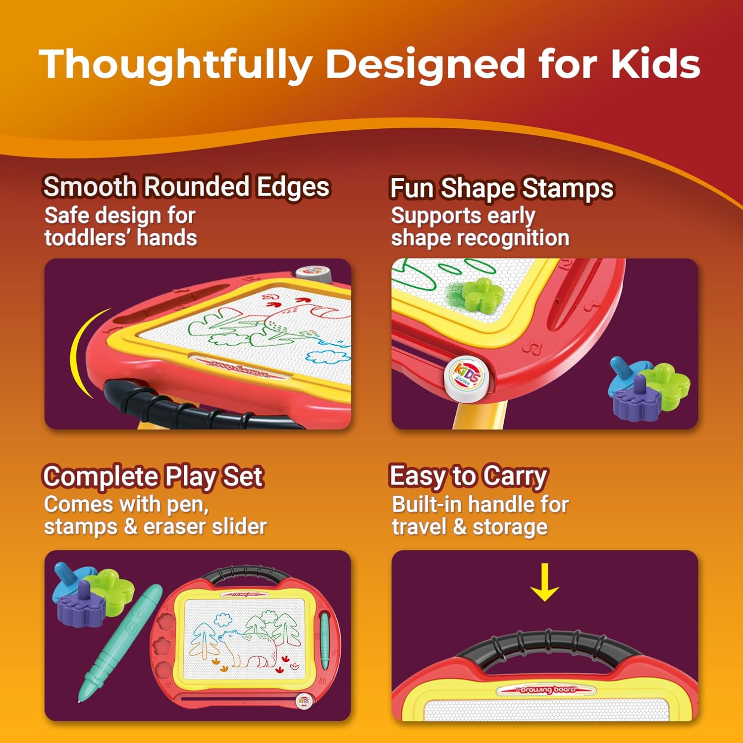 Magnetic Drawing Board for Kids — 2 in 1 Erasable Table & Portable Doodle Pad with Color Zones, Pen & Stamps – Travel Learning Toy, Gift for Boys & Girls Ages 3+ OleocaToys