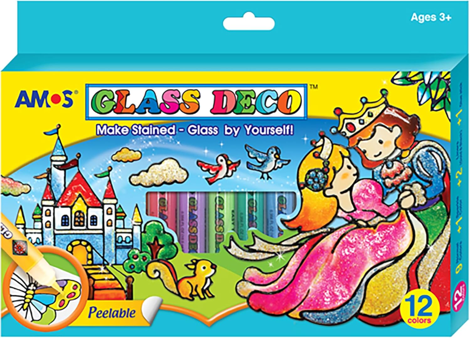 AMOS Glass Deco Window Art Kit — 10.5 ml x 10 Colors — Black & Gold Liners, 3 Vinyl Sheets & Pattern Templates, Glue Stick, DIY Stained Glass Paint Set for Kids OleocaToys