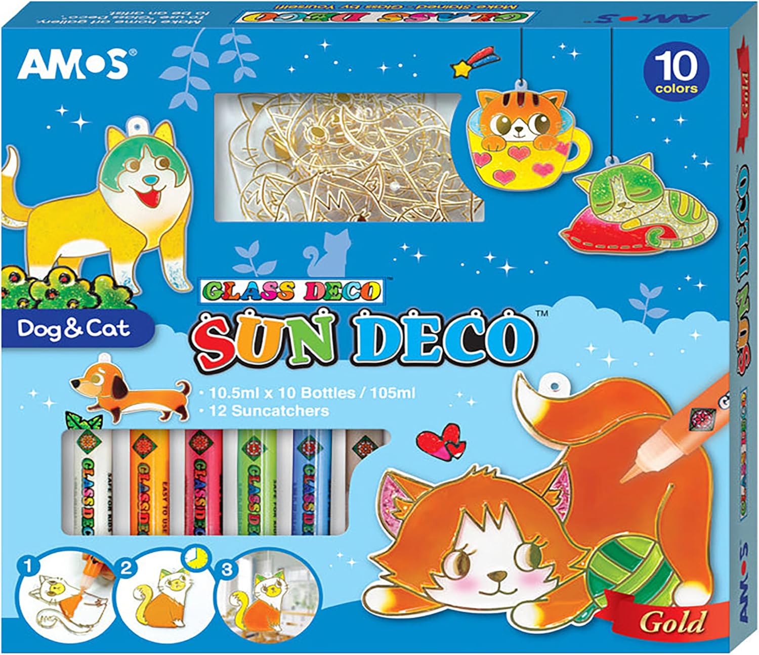 AMOS Sun Deco Window Art — 10.5 ml x 10 Colors — 12 Small Gold Outline Suncatchers for Kids (Dog & Cat), DIY Painting Craft Kit OleocaToys