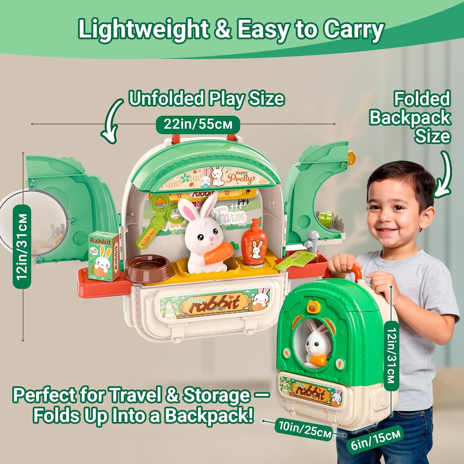 Vegetable Farm Backpack Toy — 3 in 1 Play Set with Rabbit Toys for Kids, Garden Accessories & Carry Case, Double-Sided Activity Set for Ages 3+ OleocaToys
